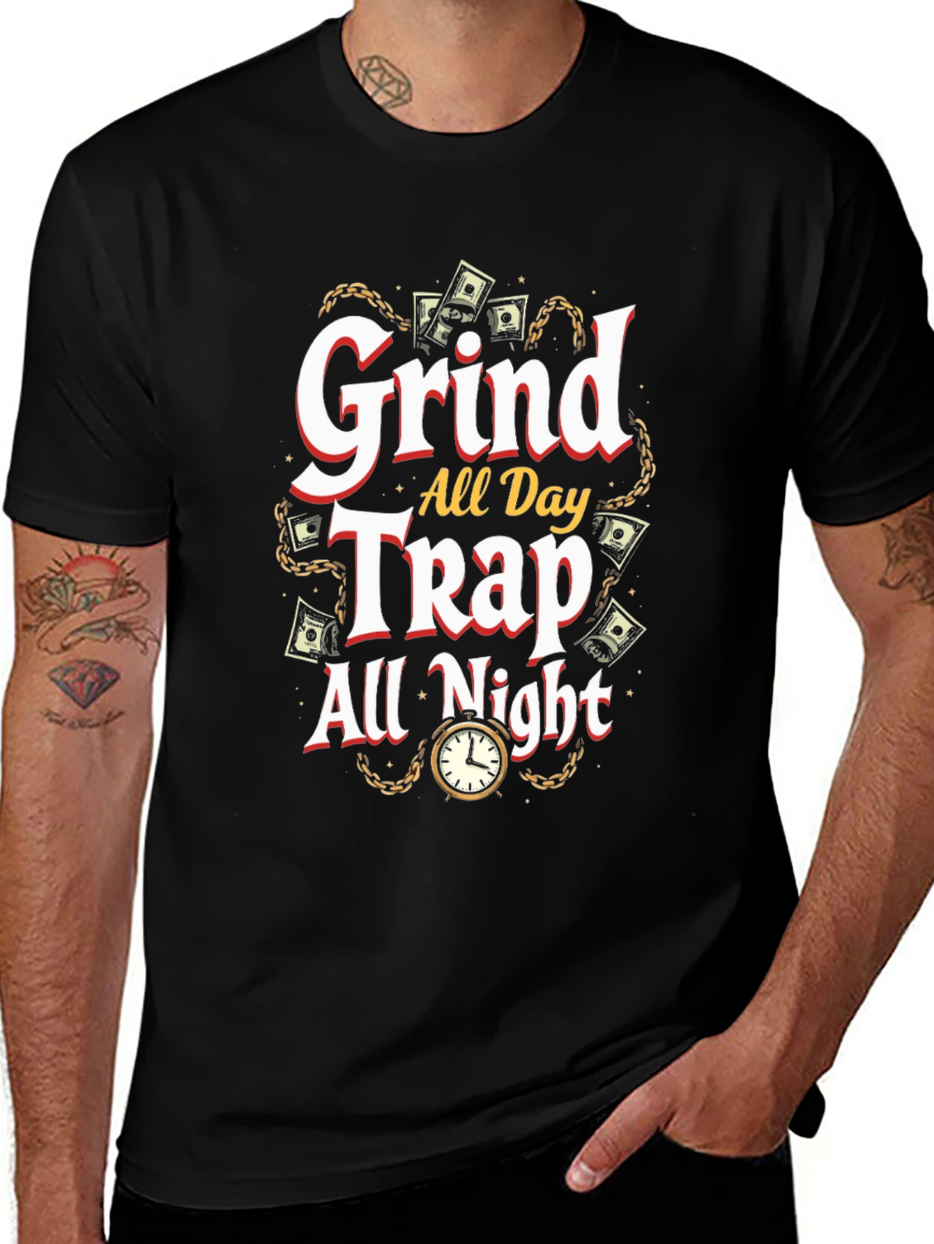 Grind All Day Trap All Night Black Graphic T-Shirt