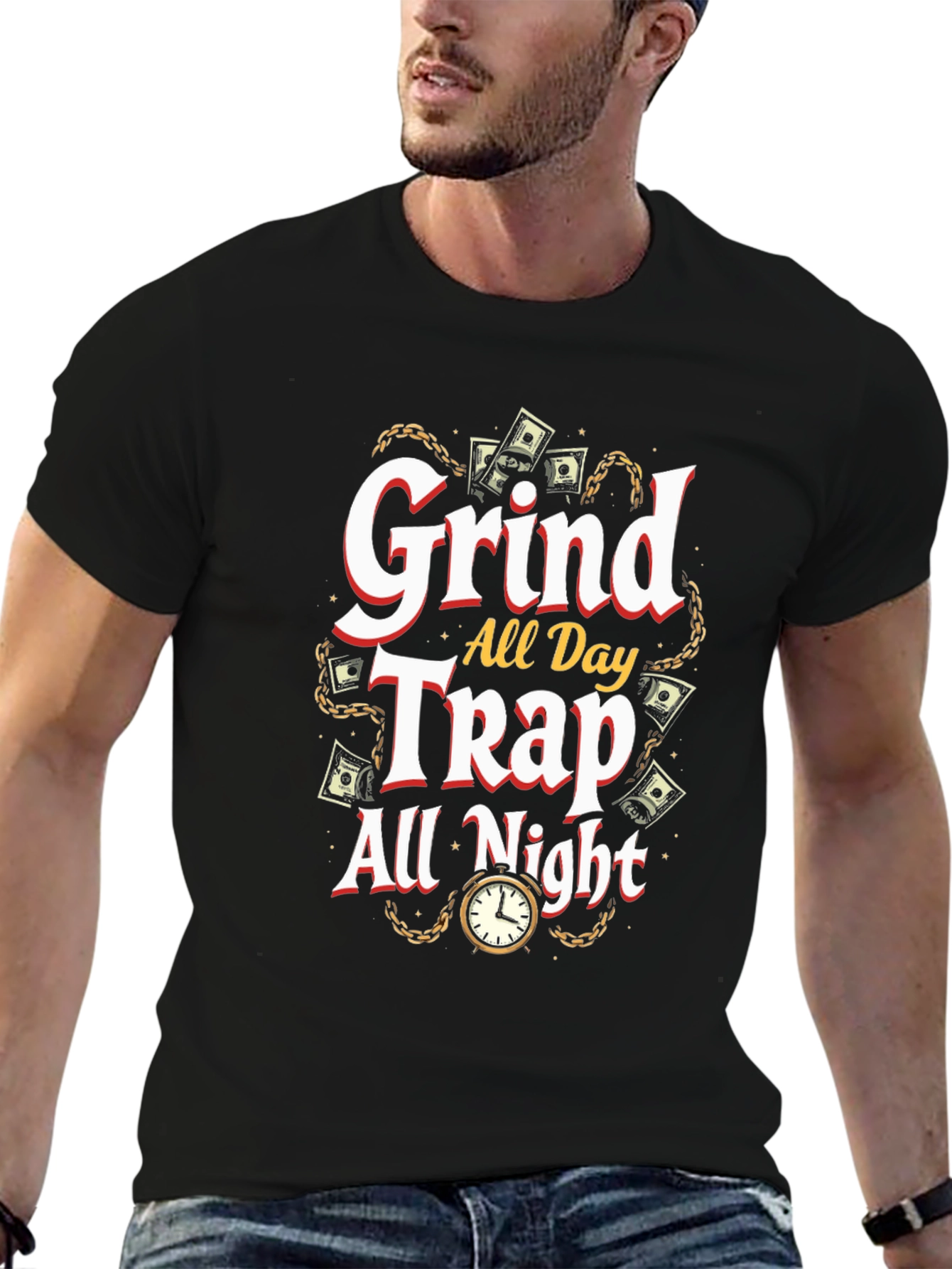 Grind All Day Trap All Night Black Graphic T-Shirt