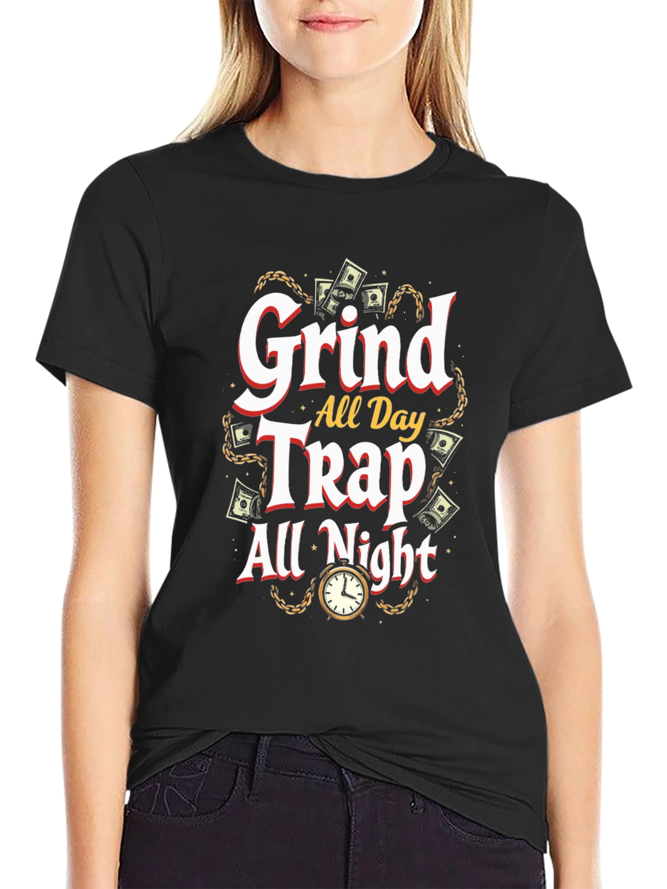 Grind All Day Trap All Night Black Graphic T-Shirt