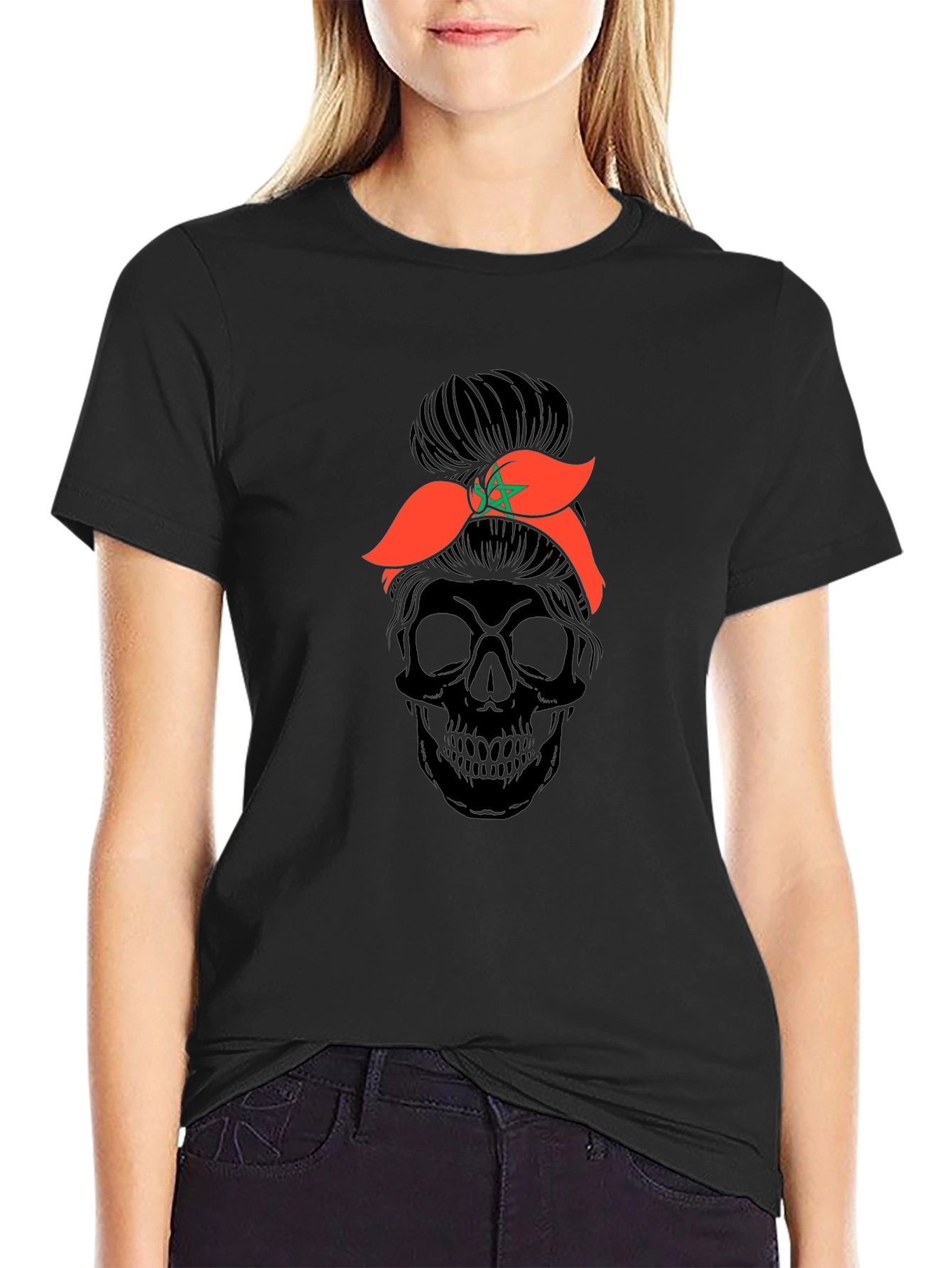 Skull Messy Bun Morocco Flag T-Shirt