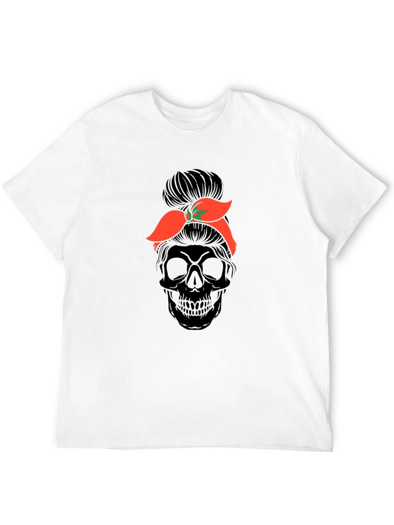 Skull Messy Bun Morocco Flag T-Shirt