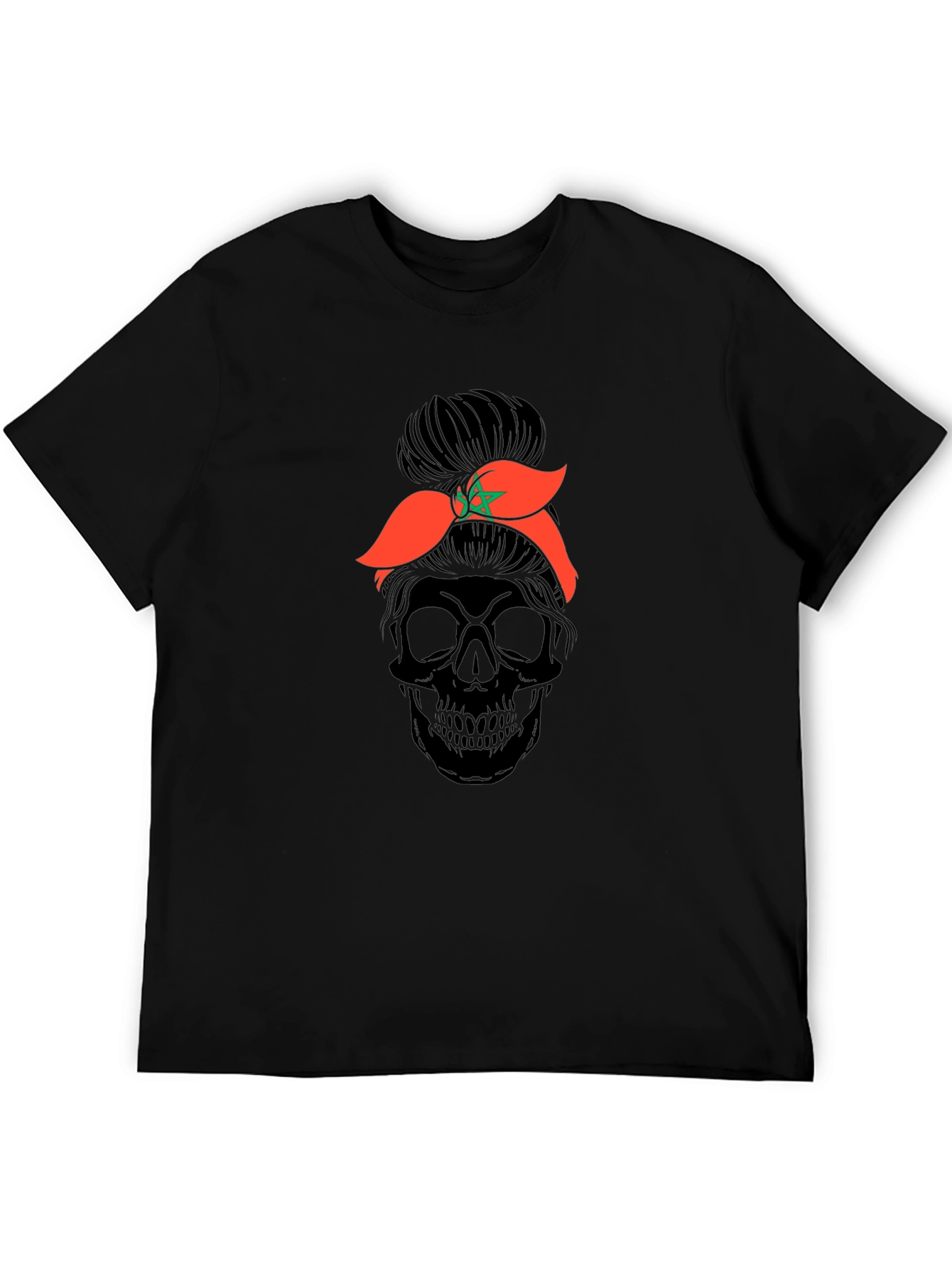 Skull Messy Bun Morocco Flag T-Shirt