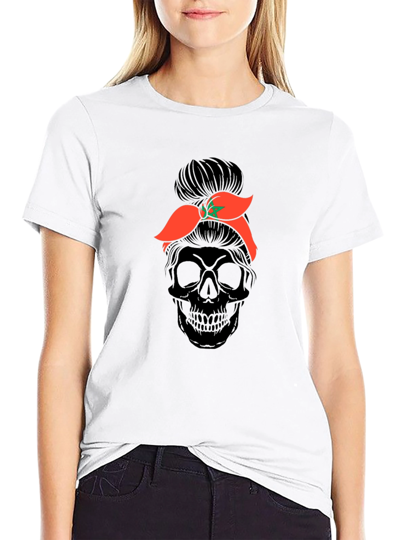 Skull Messy Bun Morocco Flag T-Shirt