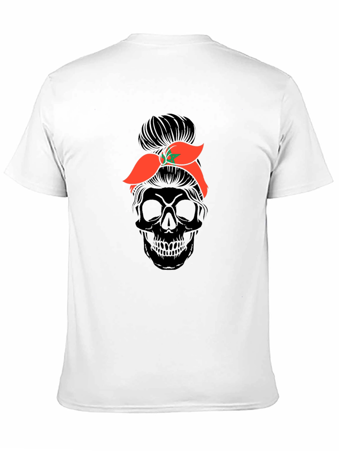 Skull Messy Bun Morocco Flag T-Shirt