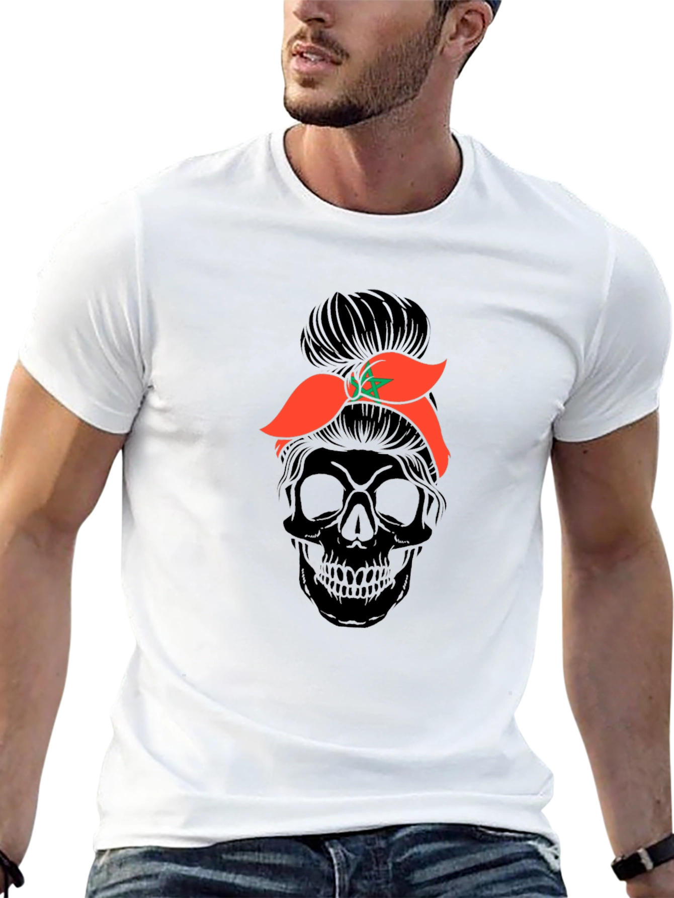 Skull Messy Bun Morocco Flag T-Shirt