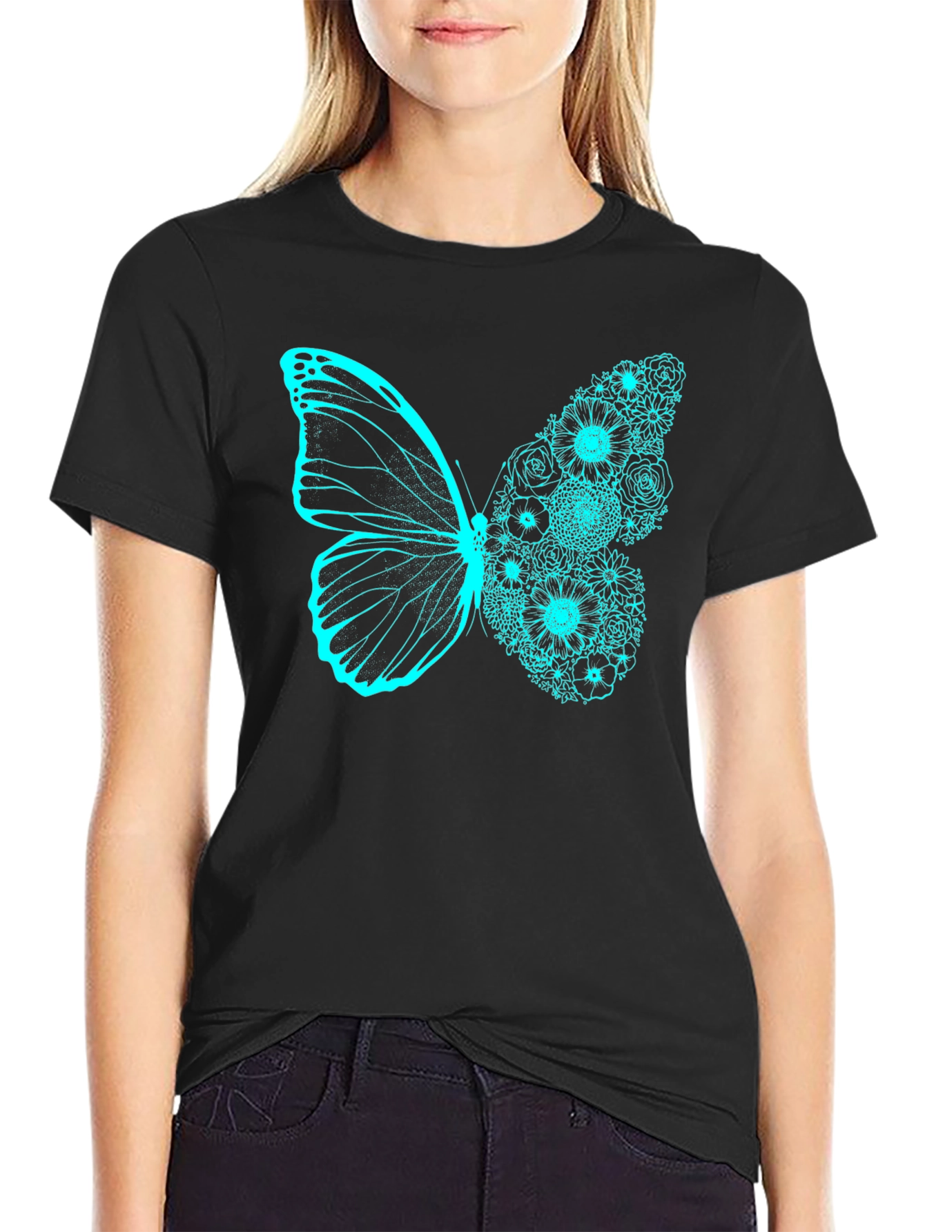 Floral Butterfly Graphic Tee - Black