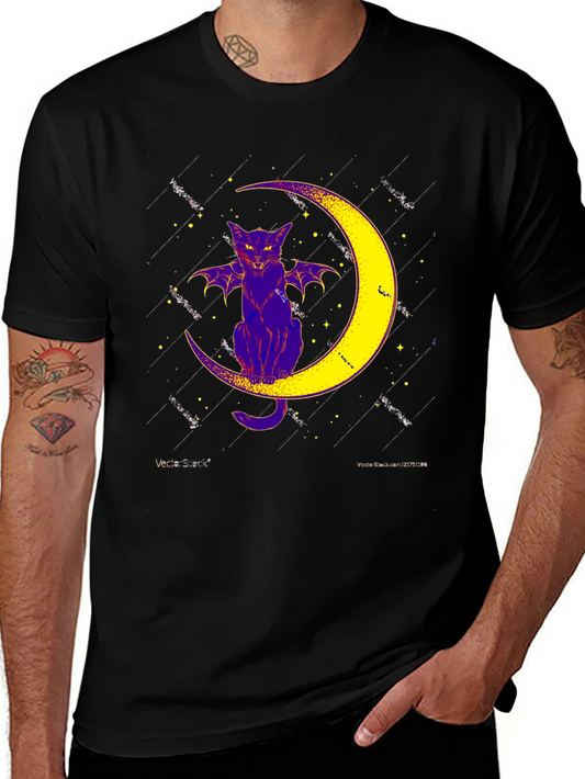 Bat Cat on Moon Graphic Tee - Spooky Halloween Shirt