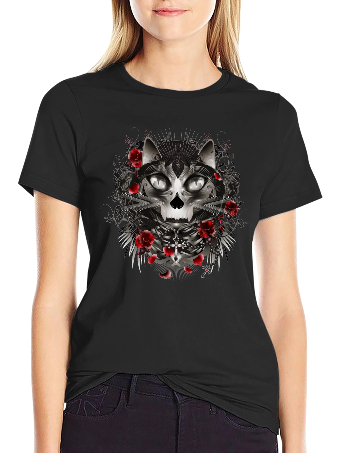 Gothic Cat Skull Rose Graphic Black T-Shirt