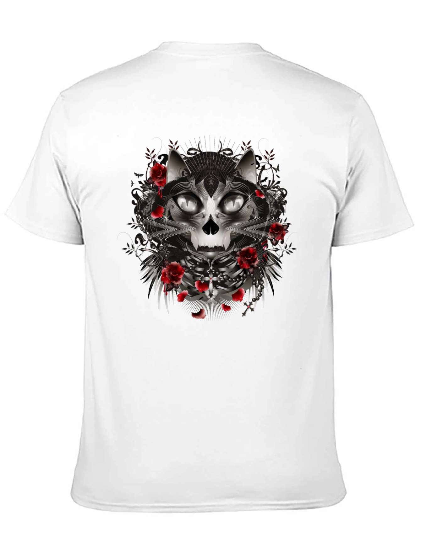 Gothic Cat Skull Rose Graphic Black T-Shirt
