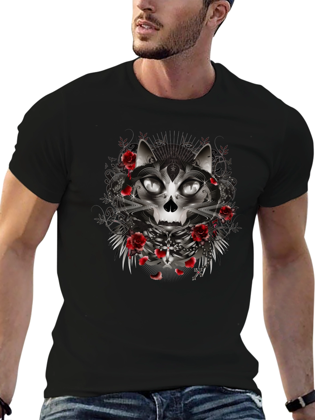 Gothic Cat Skull Rose Graphic Black T-Shirt