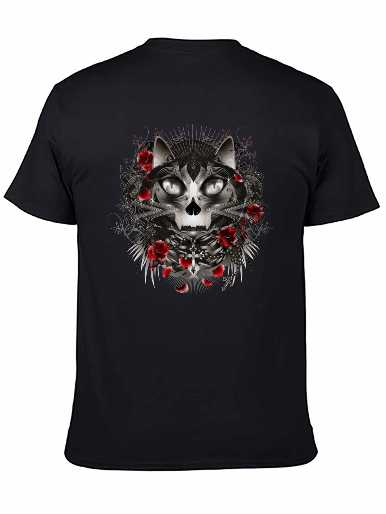 Gothic Cat Skull Rose Graphic Black T-Shirt