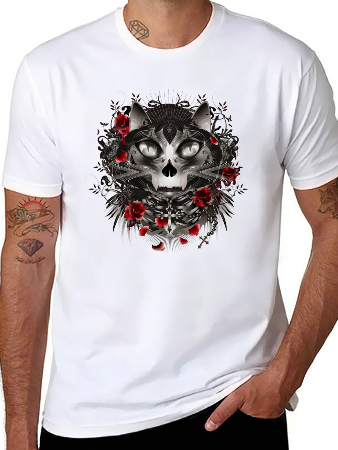 Gothic Cat Skull Rose Graphic Black T-Shirt