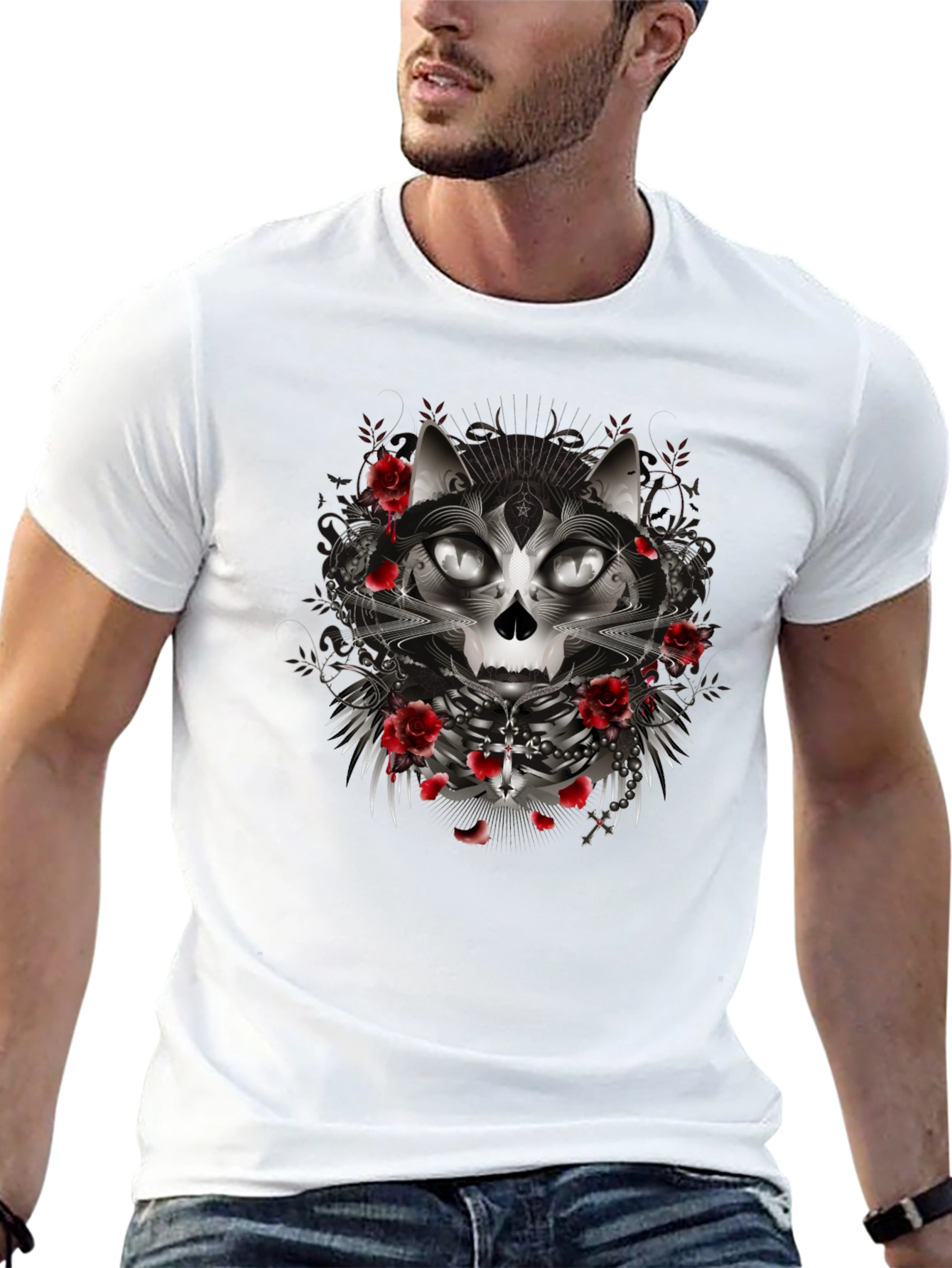 Gothic Cat Skull Rose Graphic Black T-Shirt