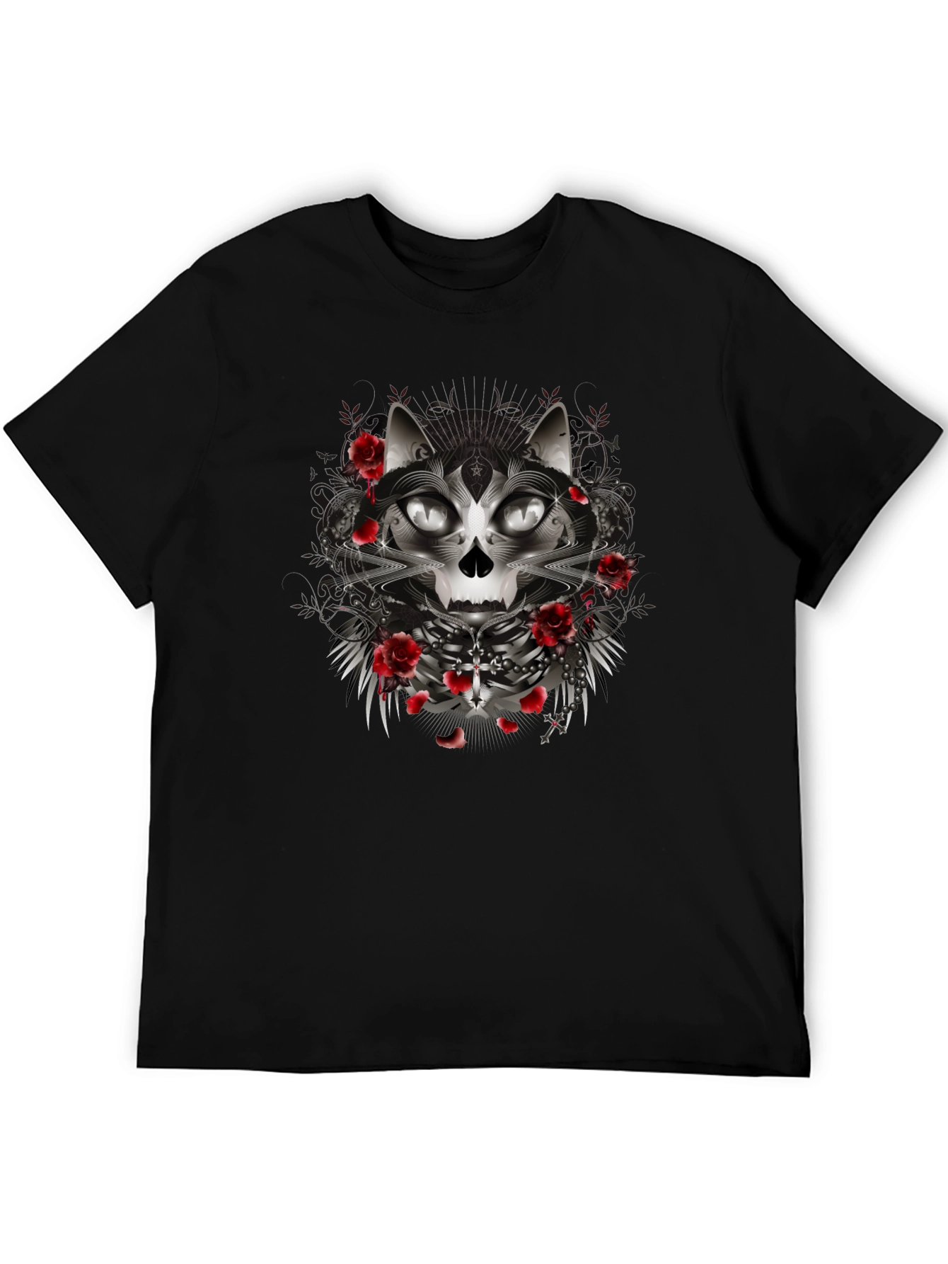 Gothic Cat Skull Rose Graphic Black T-Shirt