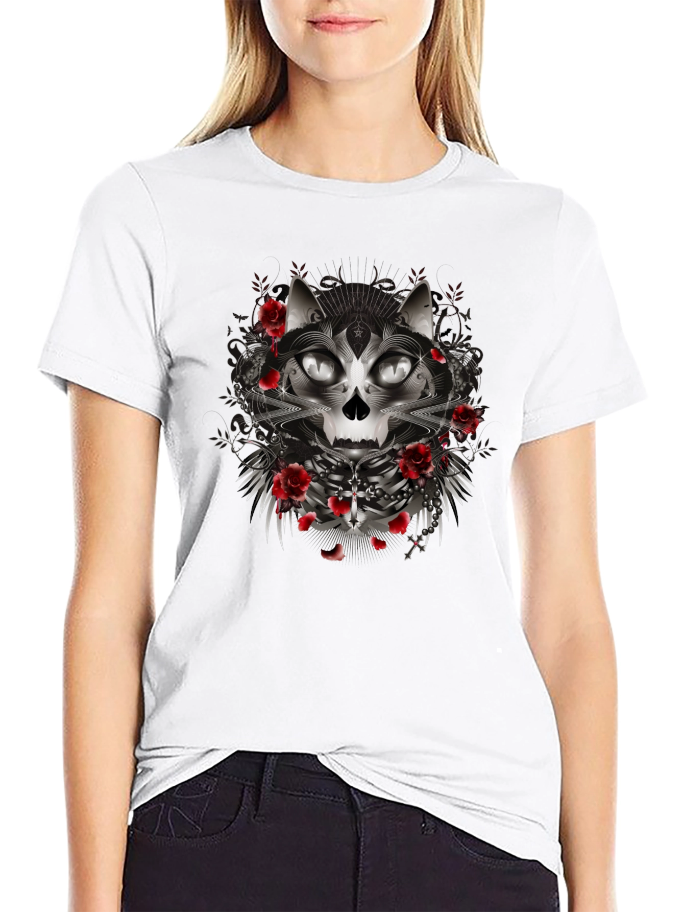 Gothic Cat Skull Rose Graphic Black T-Shirt