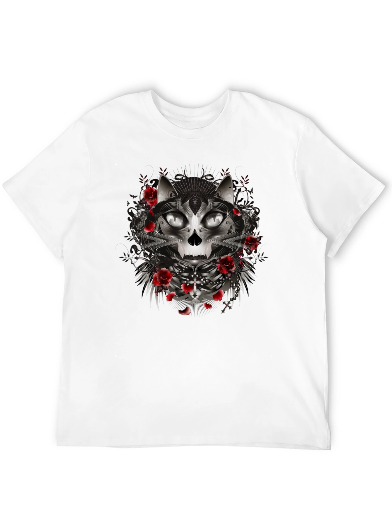 Gothic Cat Skull Rose Graphic Black T-Shirt