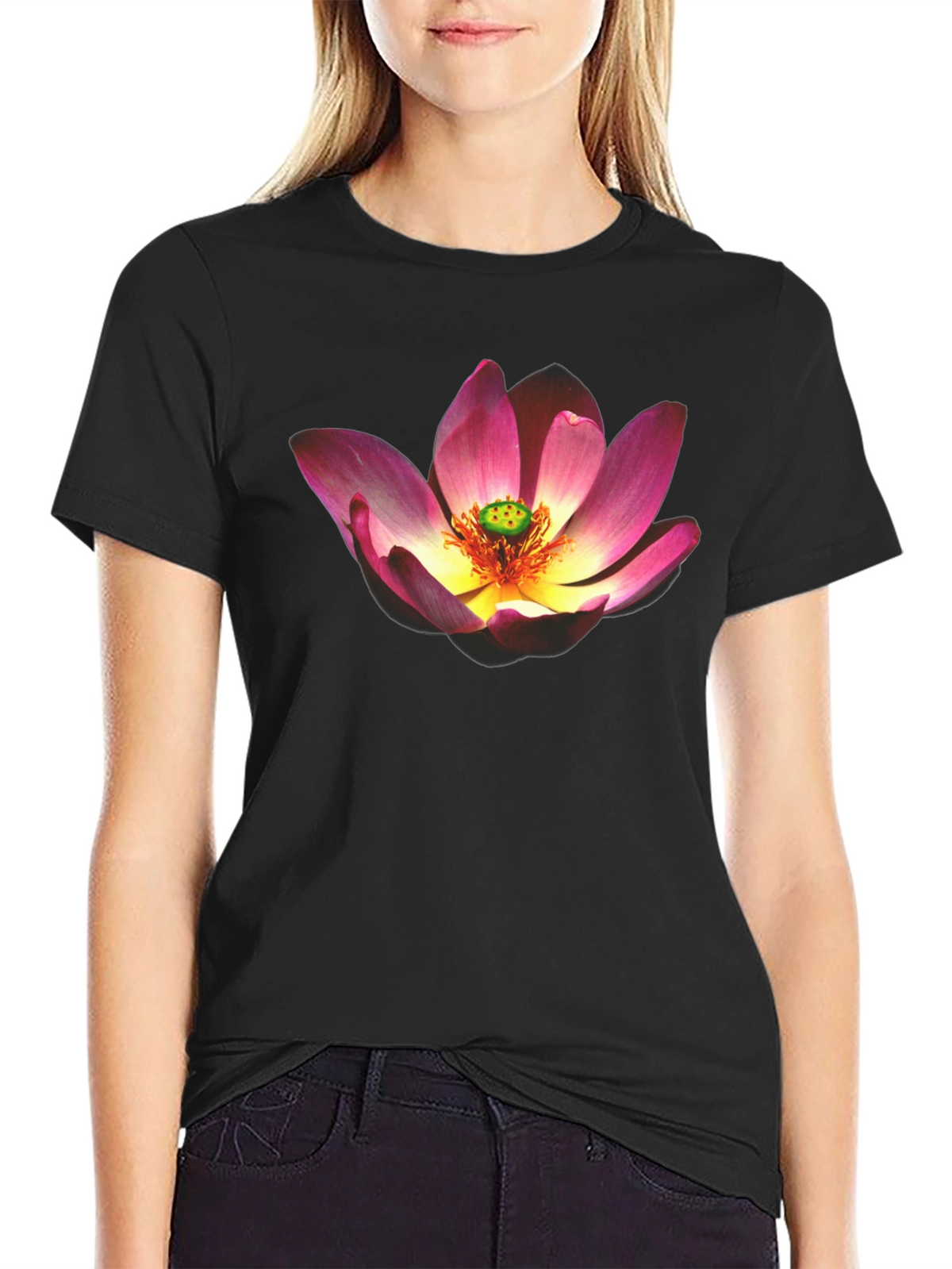 Lotus Flower Graphic Black T-Shirt