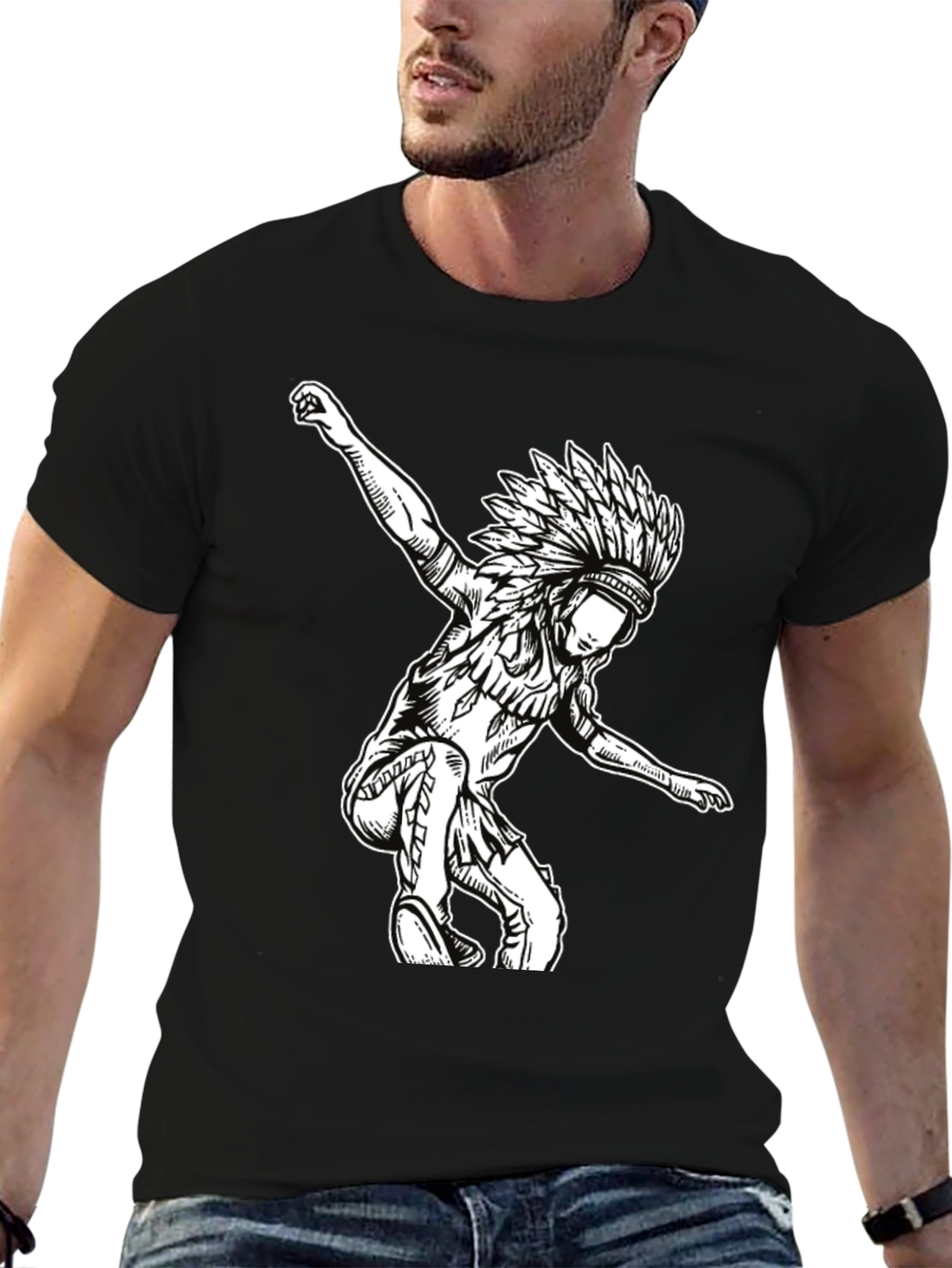 Black T-Shirt with Native American Headdress Design