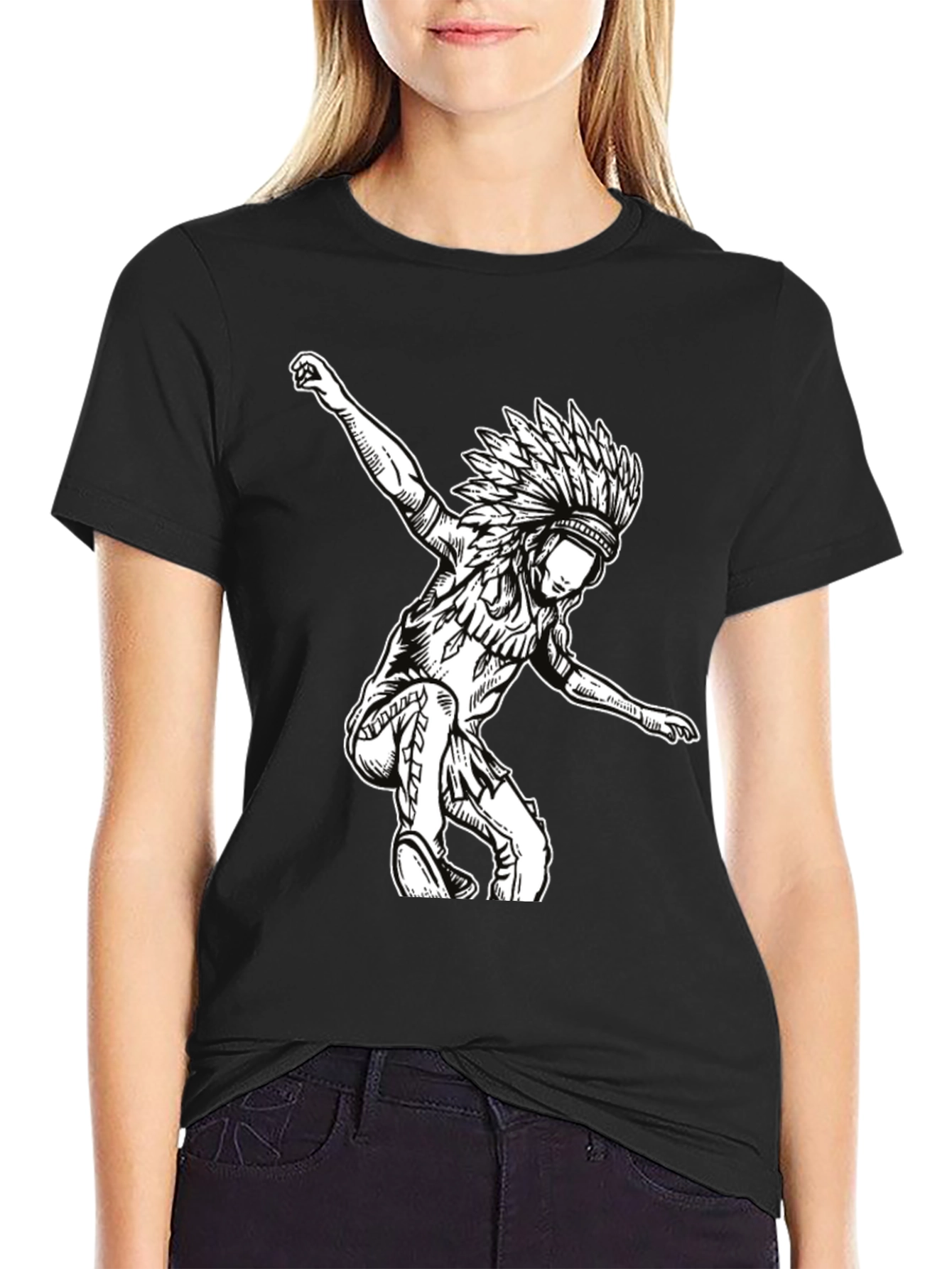 Black T-Shirt with Native American Headdress Design