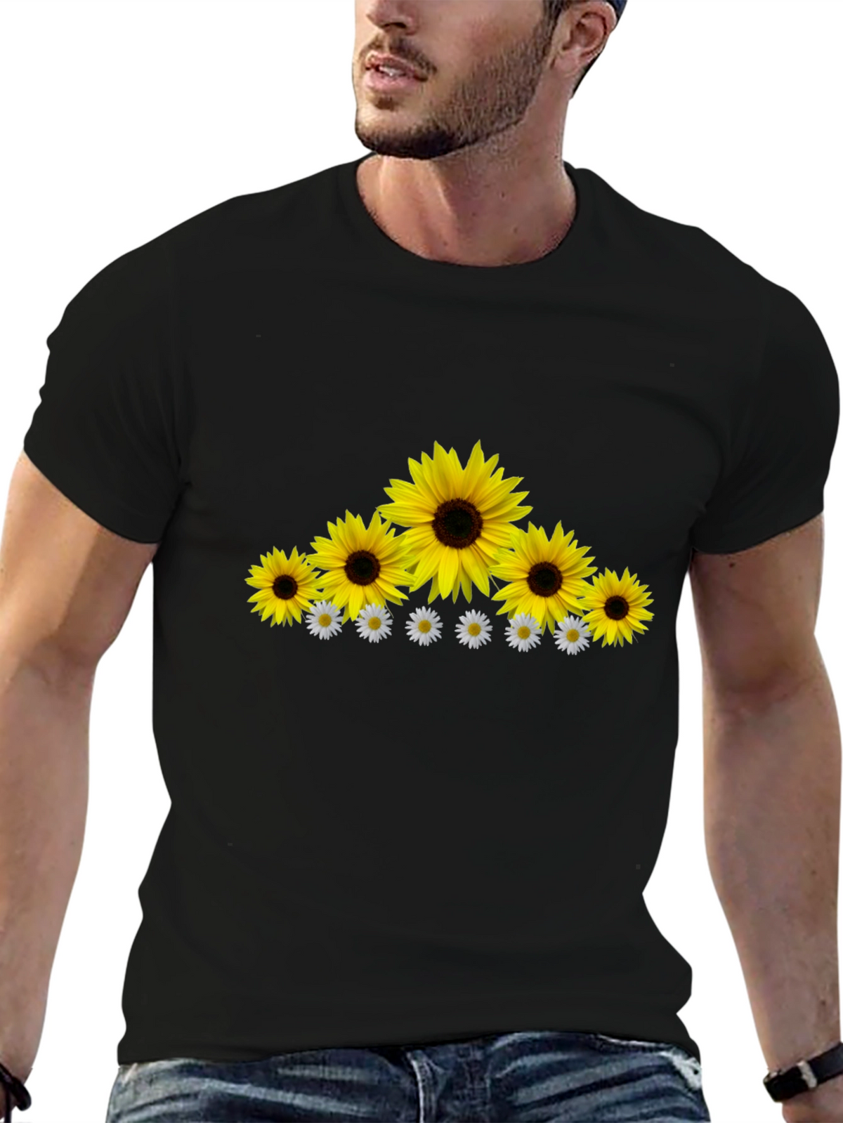Sunflower & Daisy Graphic Tee - Black Cotton Blend