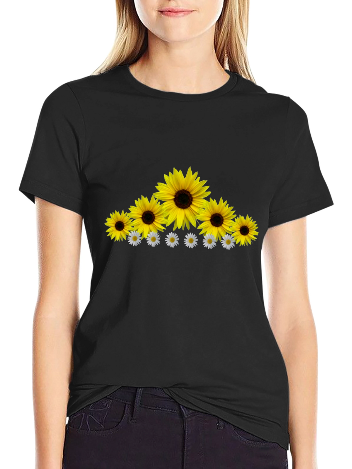 Sunflower & Daisy Graphic Tee - Black Cotton Blend