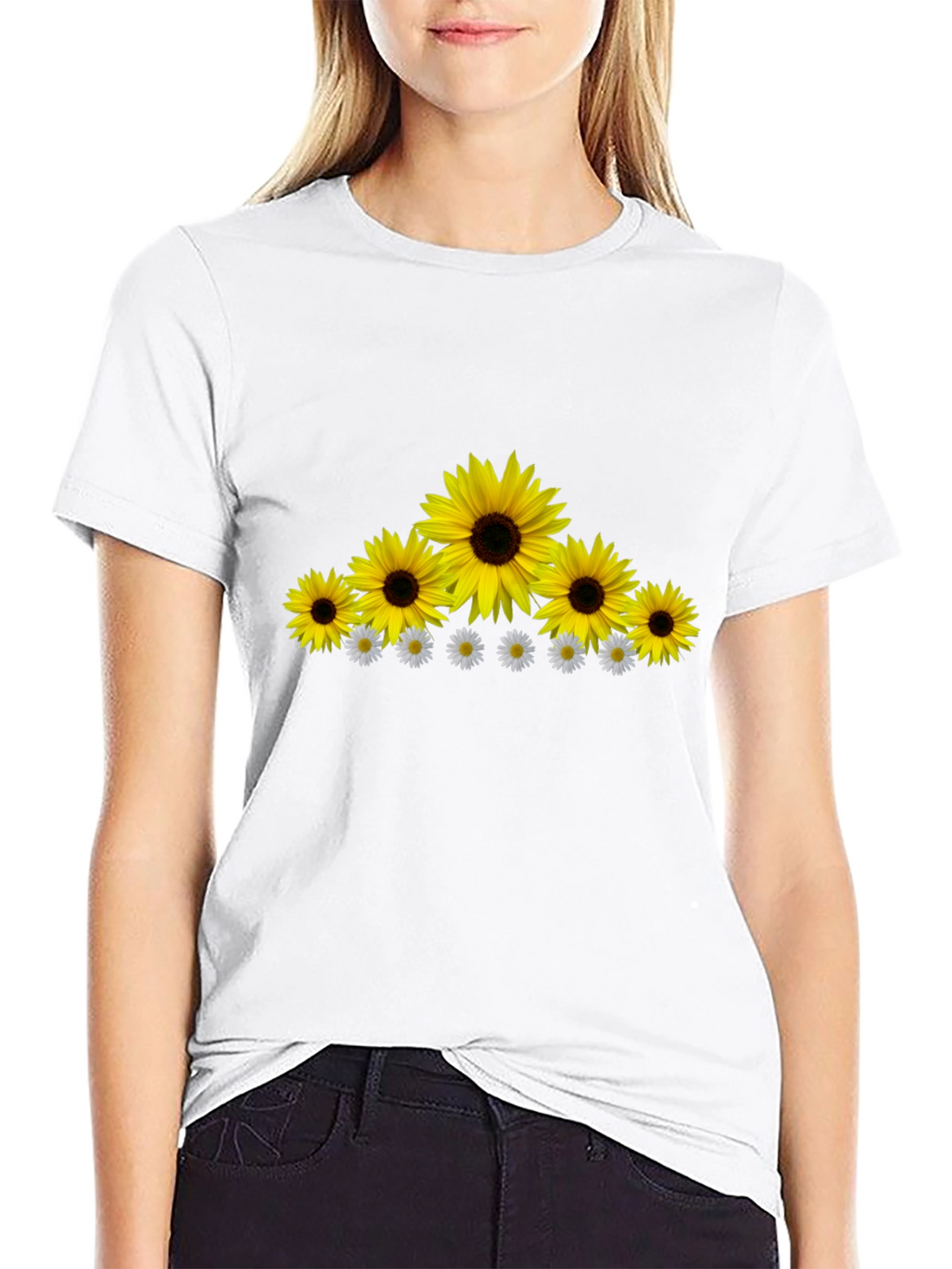 Sunflower & Daisy Graphic Tee - Black Cotton Blend