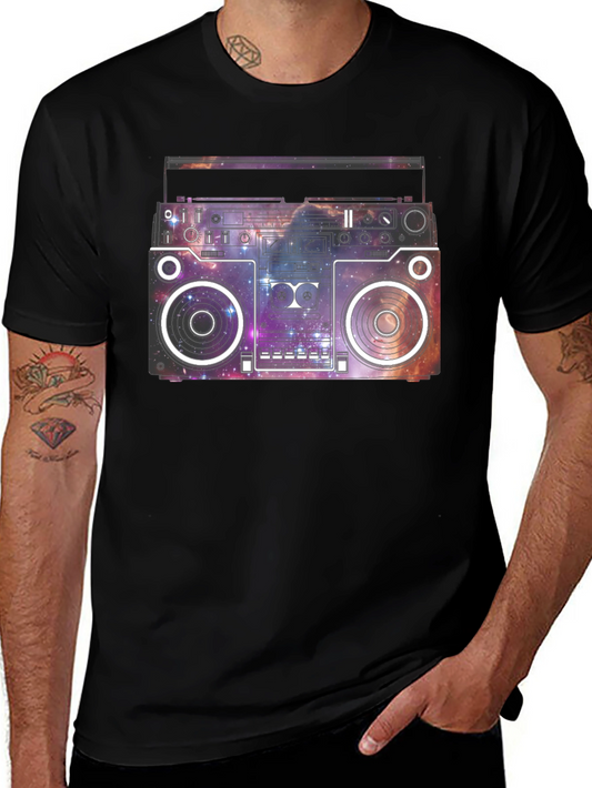 Retro Galaxy Boombox Graphic T-Shirt - Black