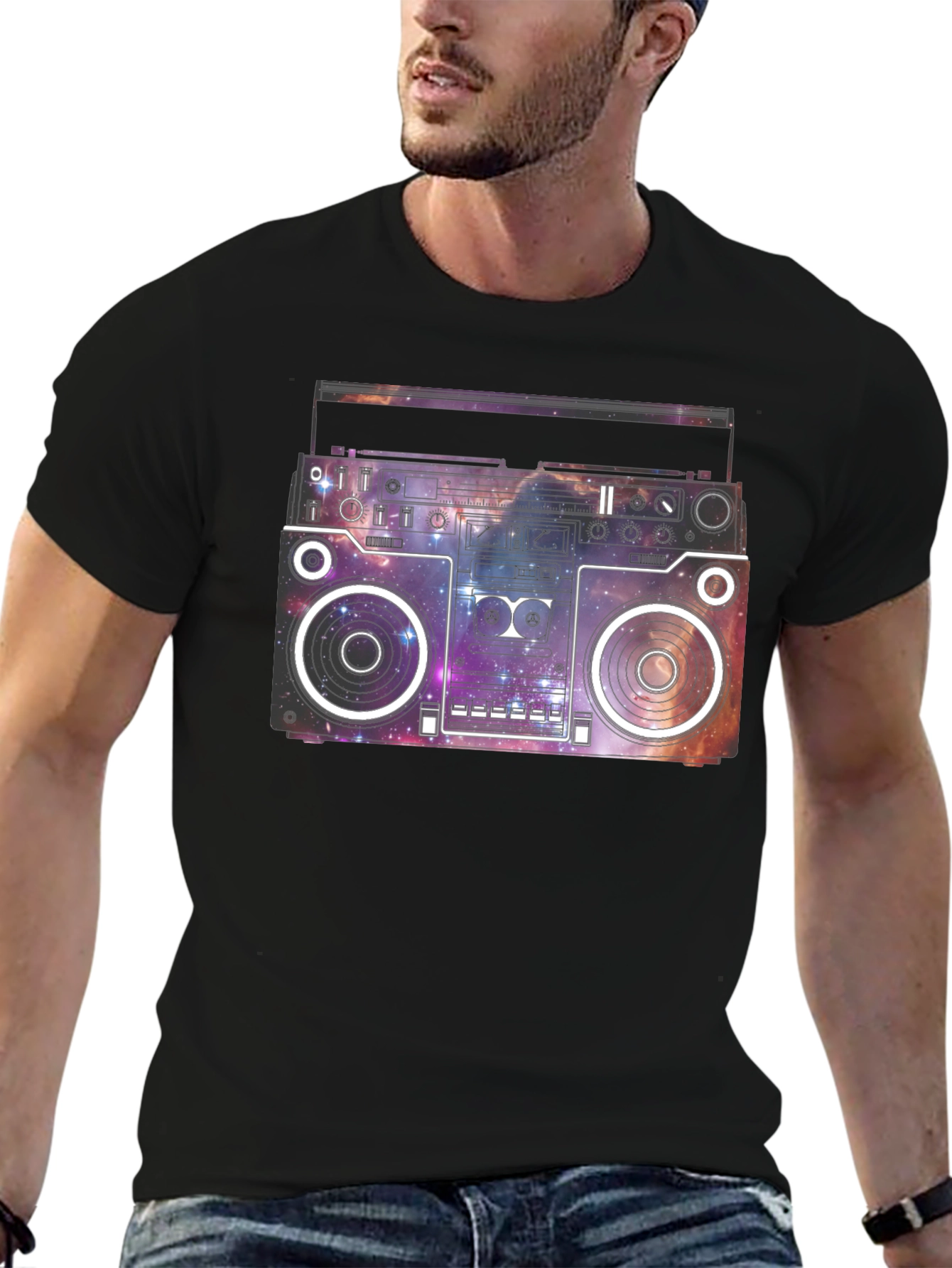 Retro Galaxy Boombox Graphic T-Shirt - Black