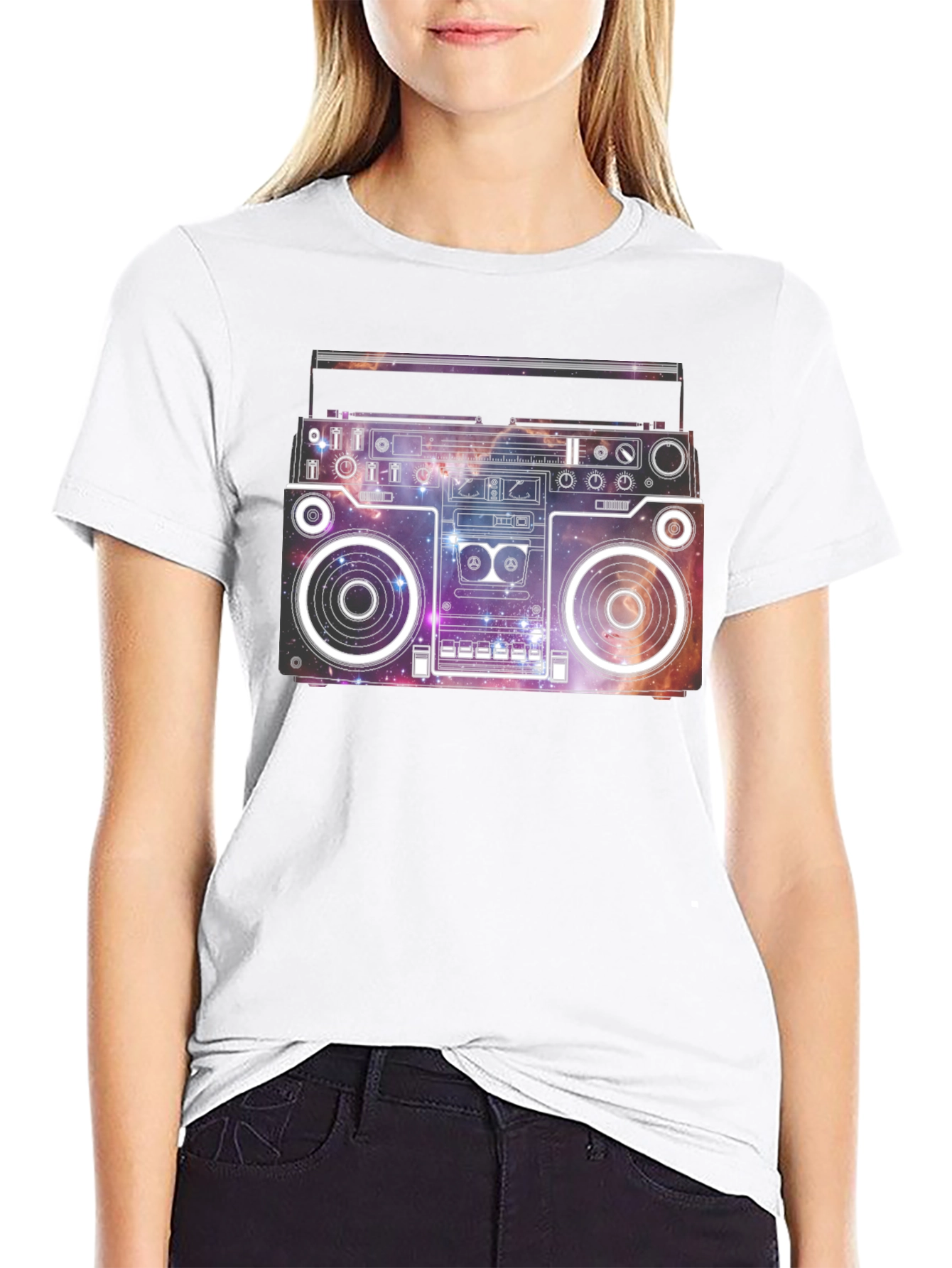 Retro Galaxy Boombox Graphic T-Shirt - Black