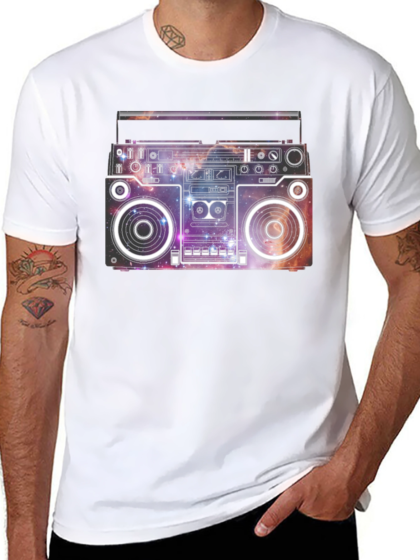 Retro Galaxy Boombox Graphic T-Shirt - Black