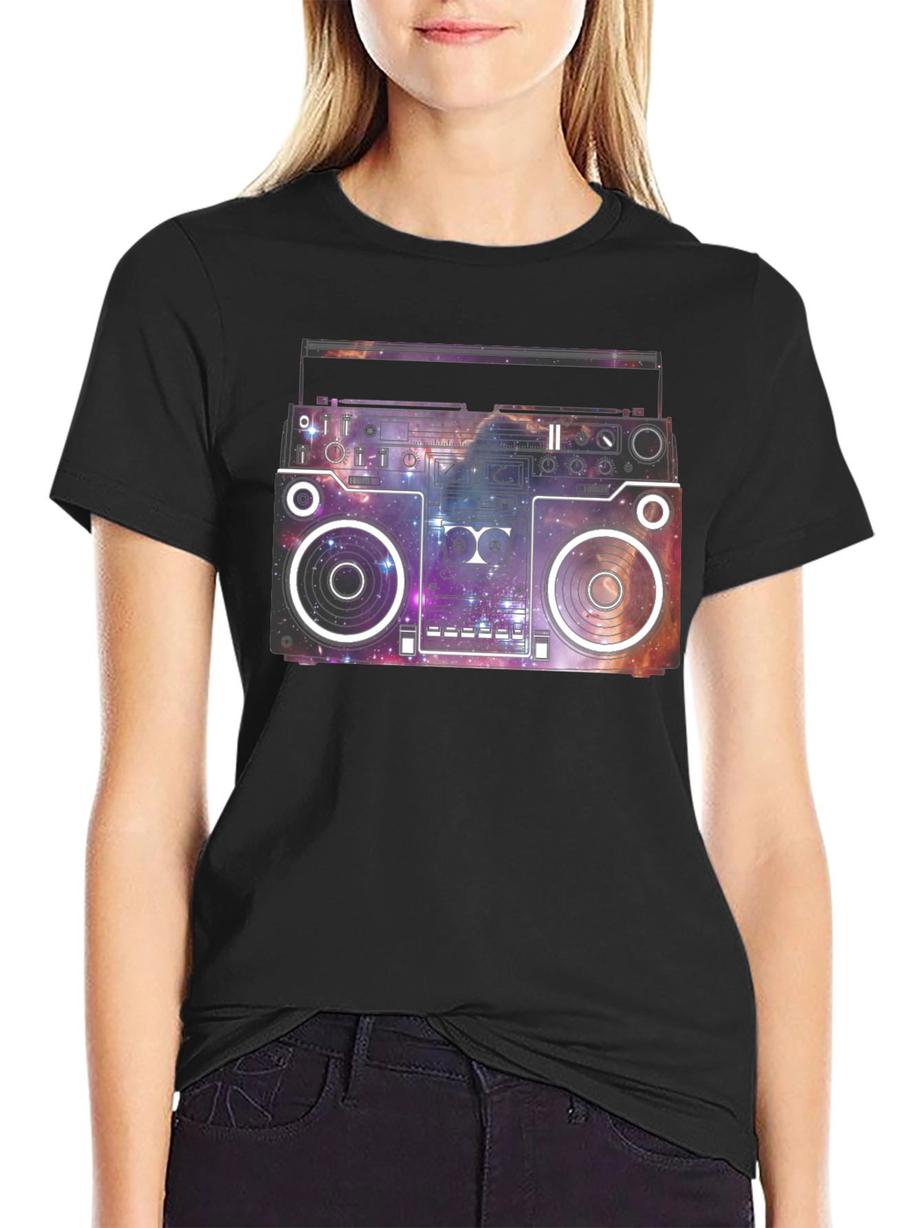 Retro Galaxy Boombox Graphic T-Shirt - Black