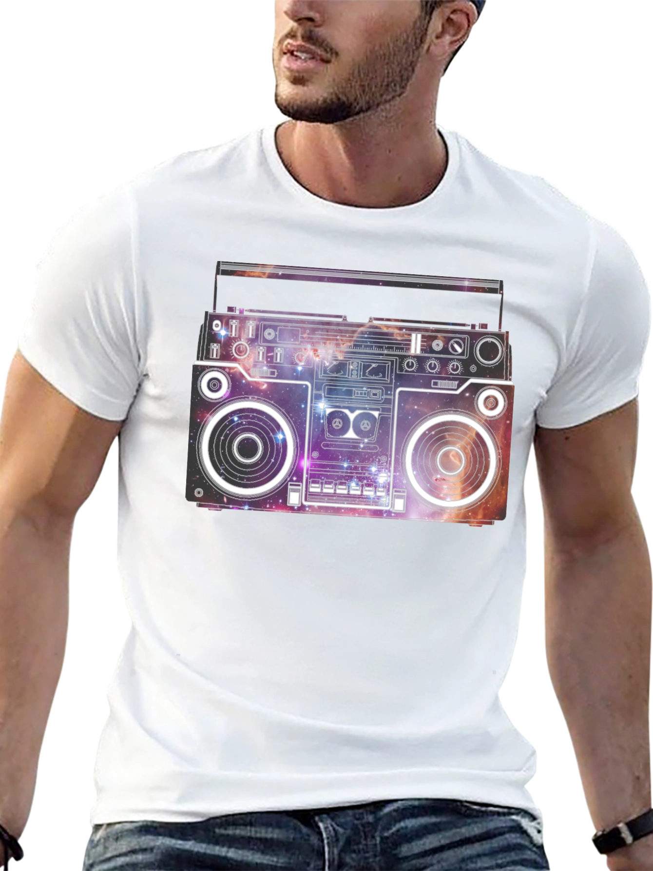 Retro Galaxy Boombox Graphic T-Shirt - Black