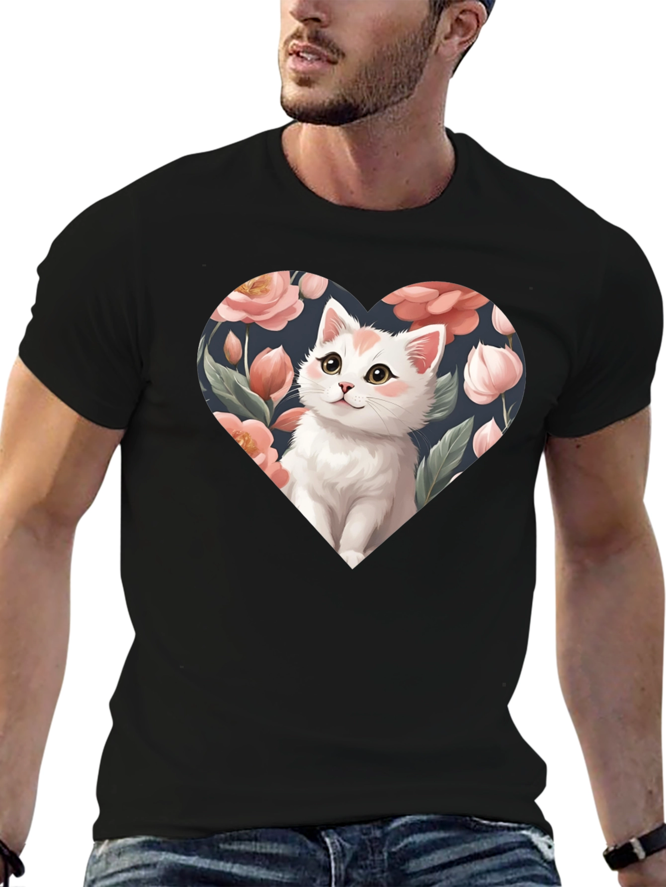 Cat Heart Floral T-Shirt - Black