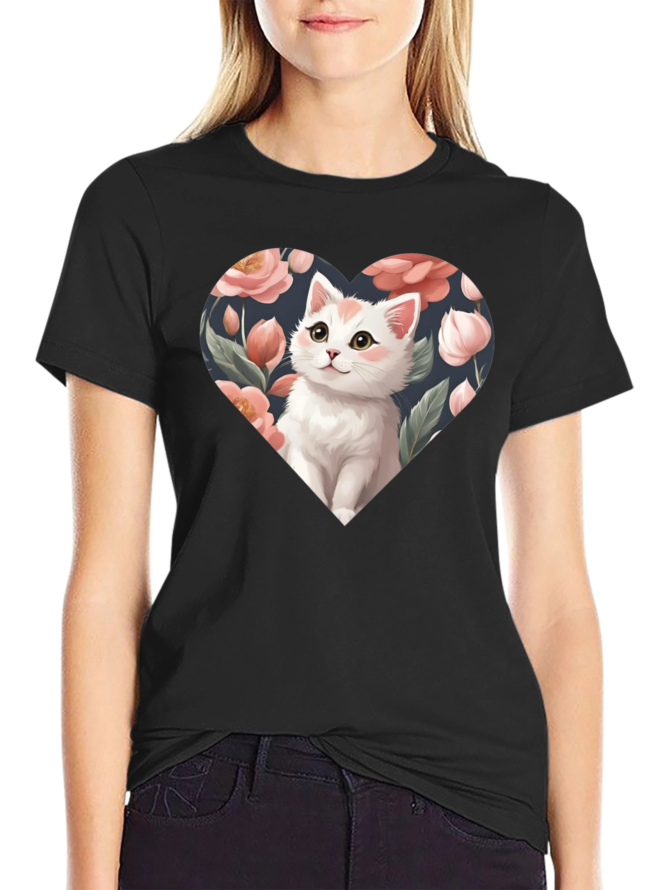 Cat Heart Floral T-Shirt - Black