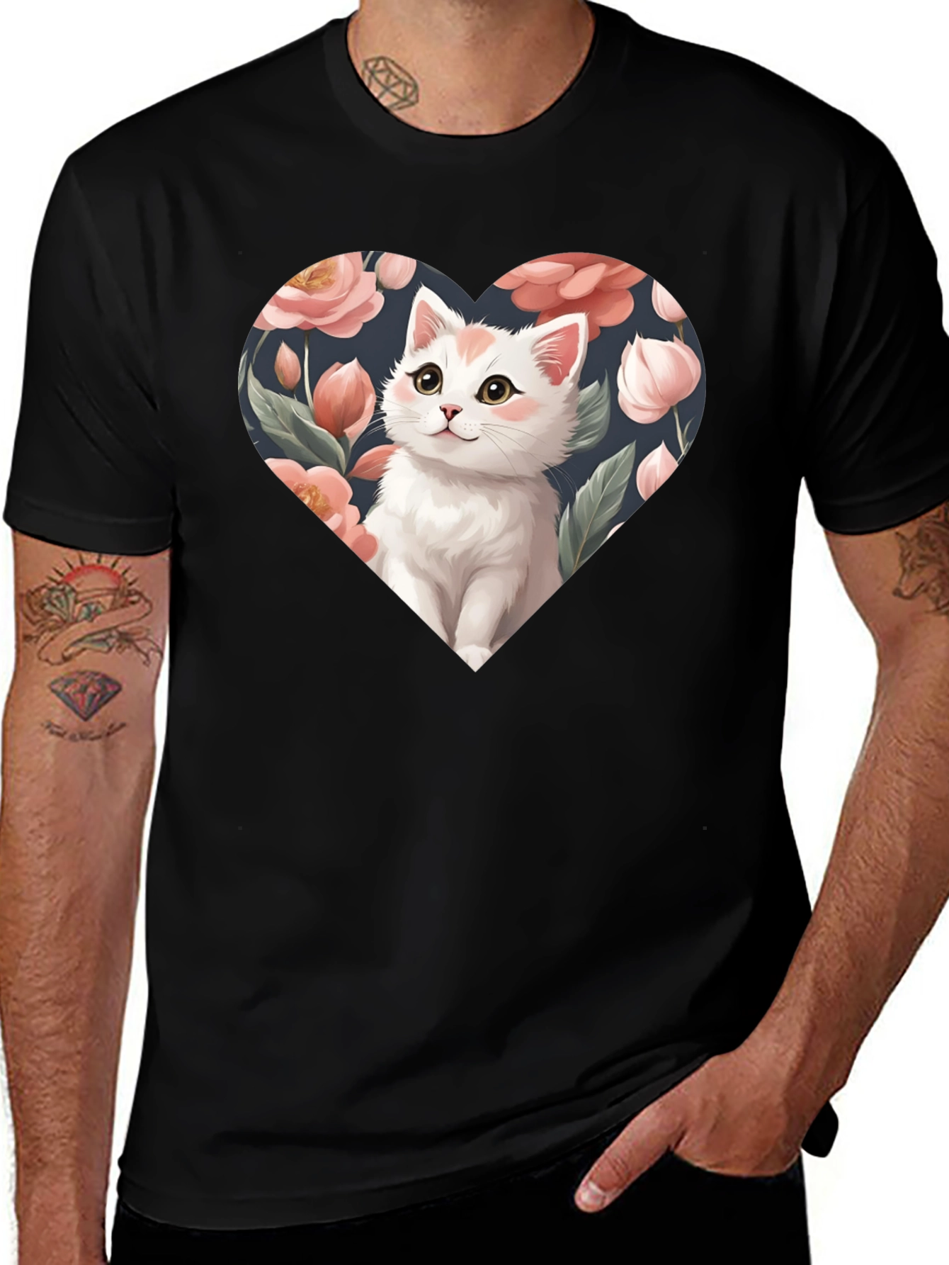 Cat Heart Floral T-Shirt - Black