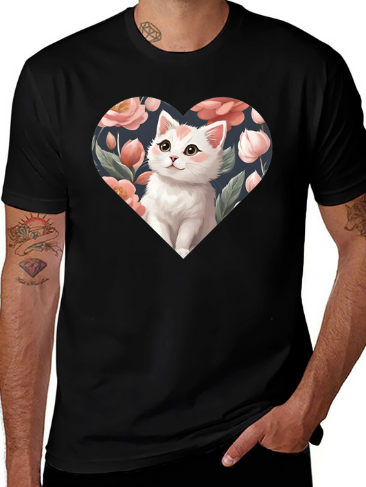 Cat Heart Floral T-Shirt - Black