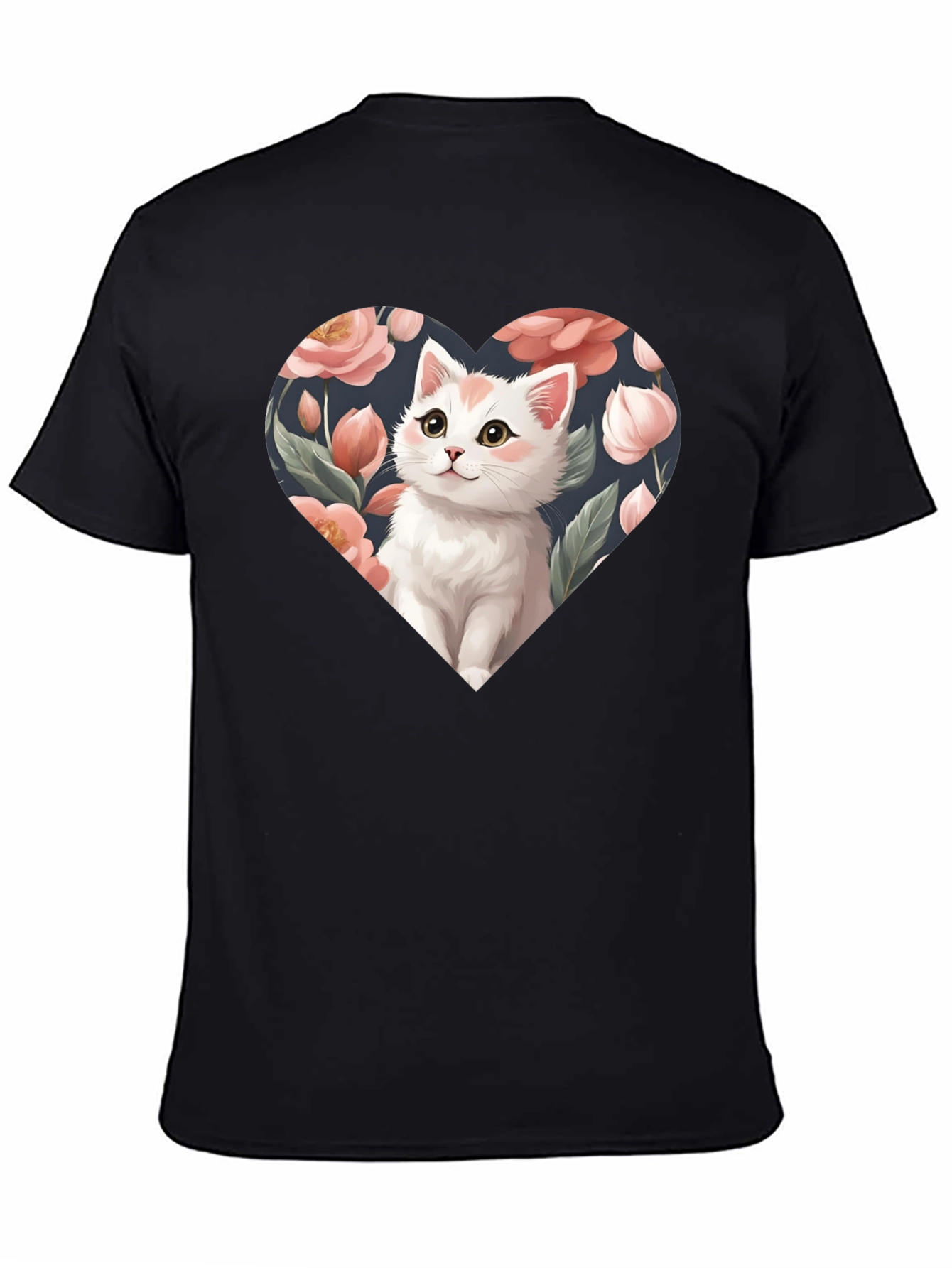 Cat Heart Floral T-Shirt - Black