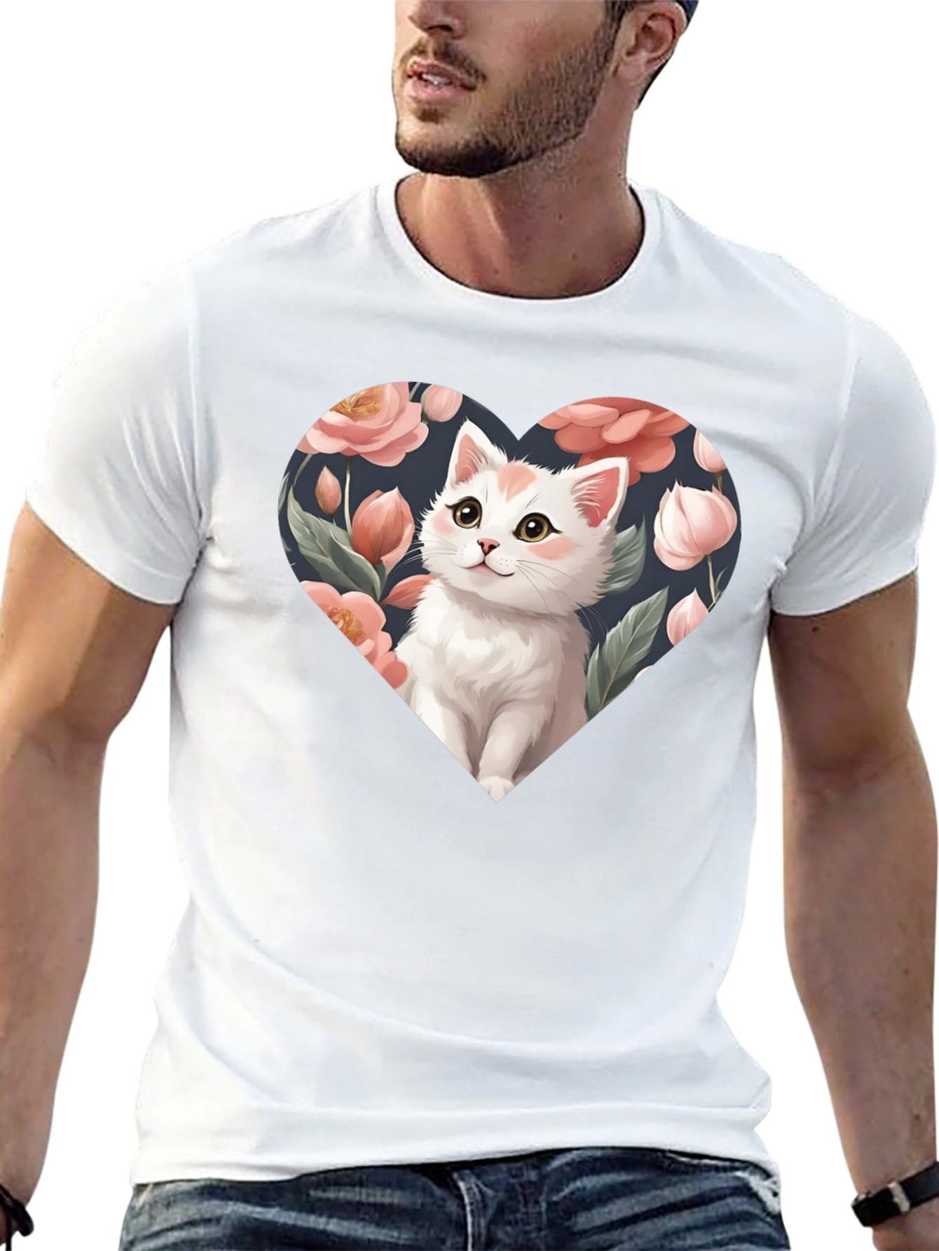 Cat Heart Floral T-Shirt - Black