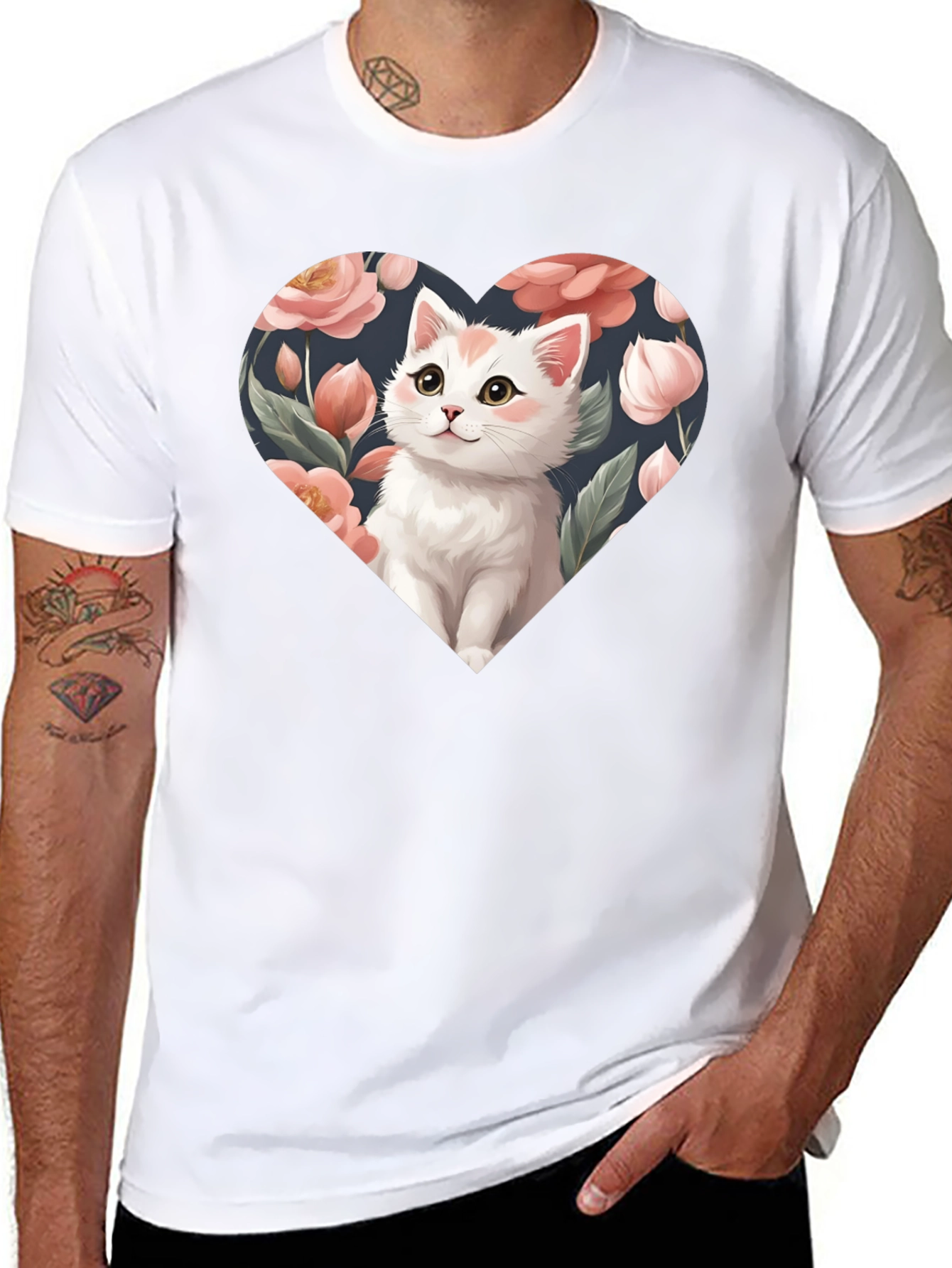 Cat Heart Floral T-Shirt - Black
