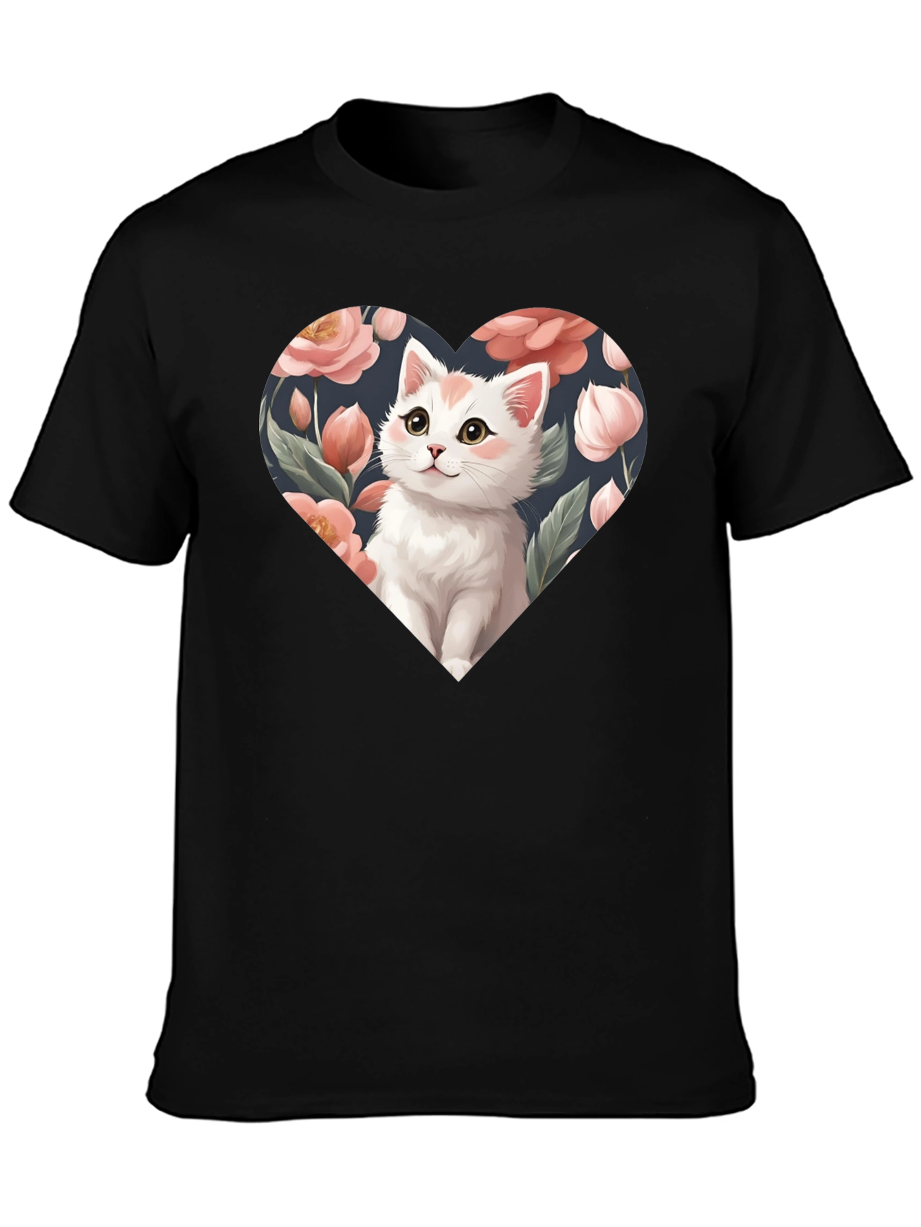 Cat Heart Floral T-Shirt - Black