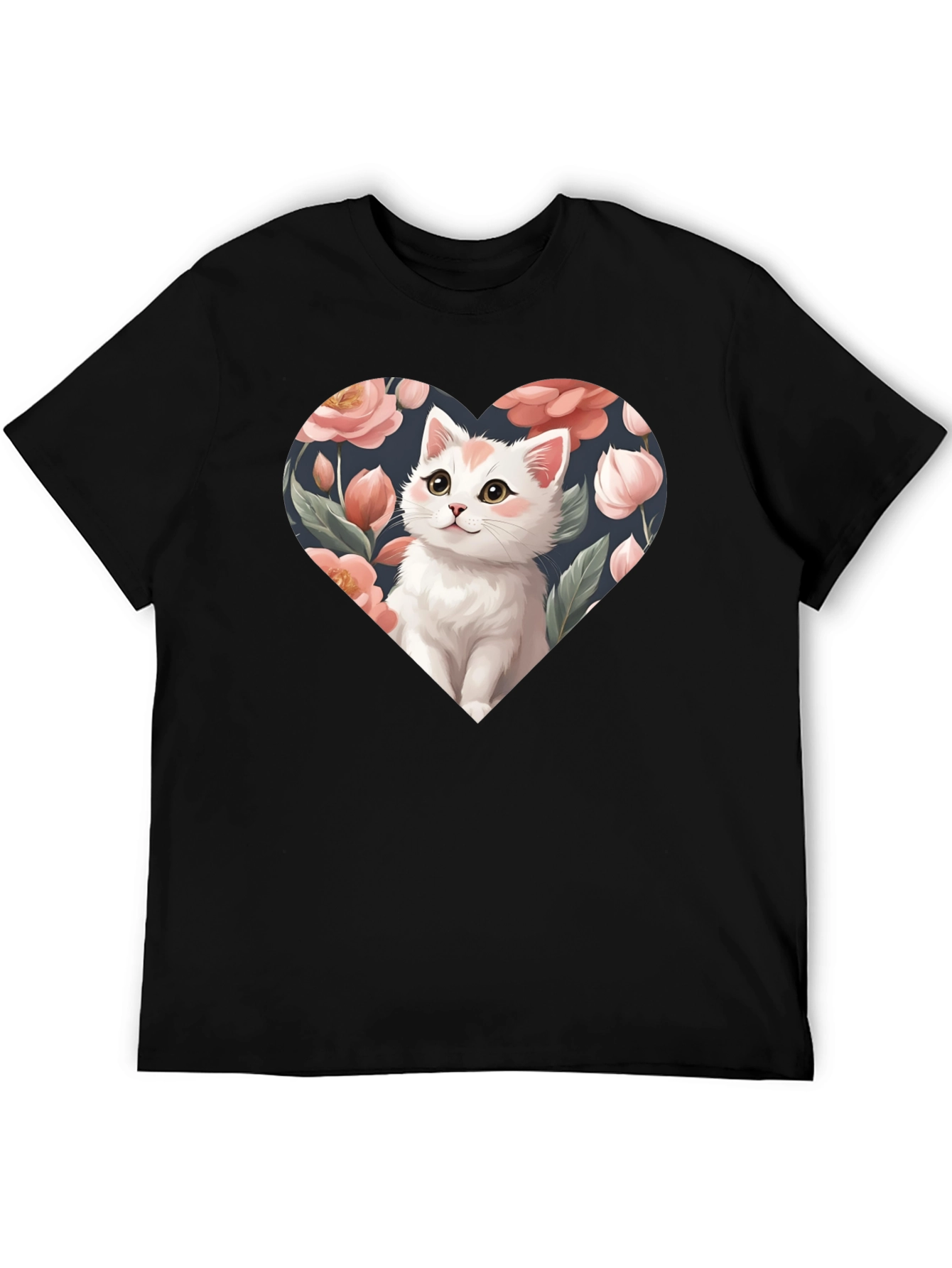 Cat Heart Floral T-Shirt - Black