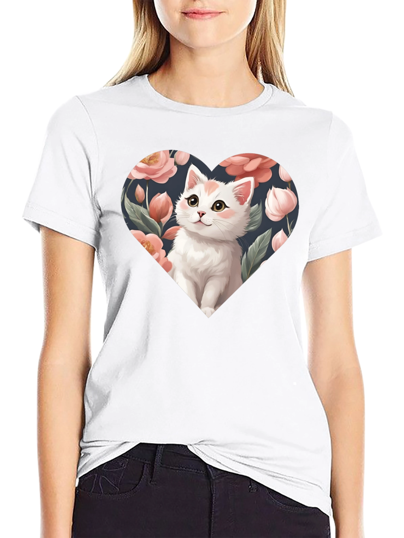 Cat Heart Floral T-Shirt - Black