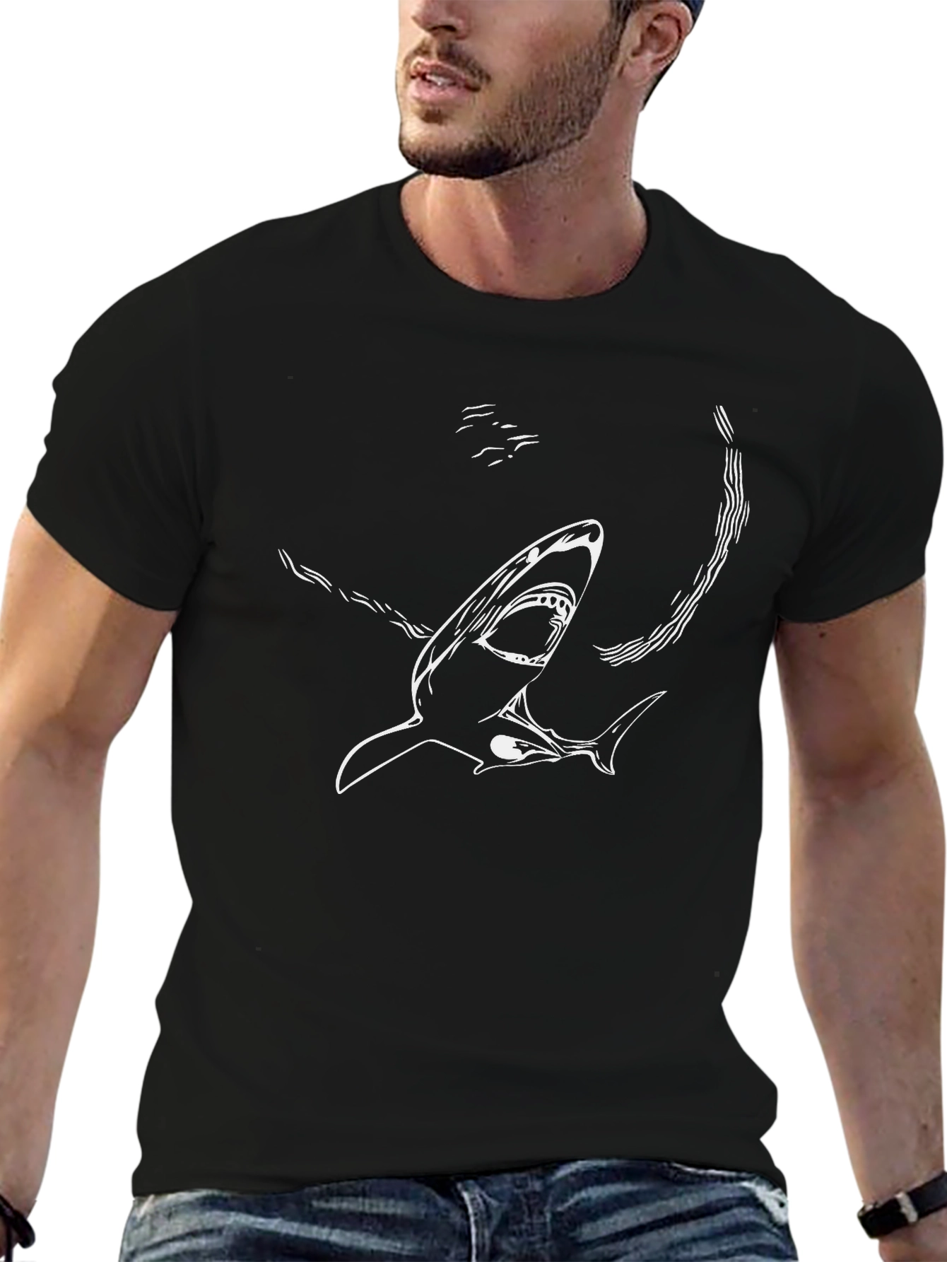 Shark Graphic Tee - Mens Black Cotton T-Shirt
