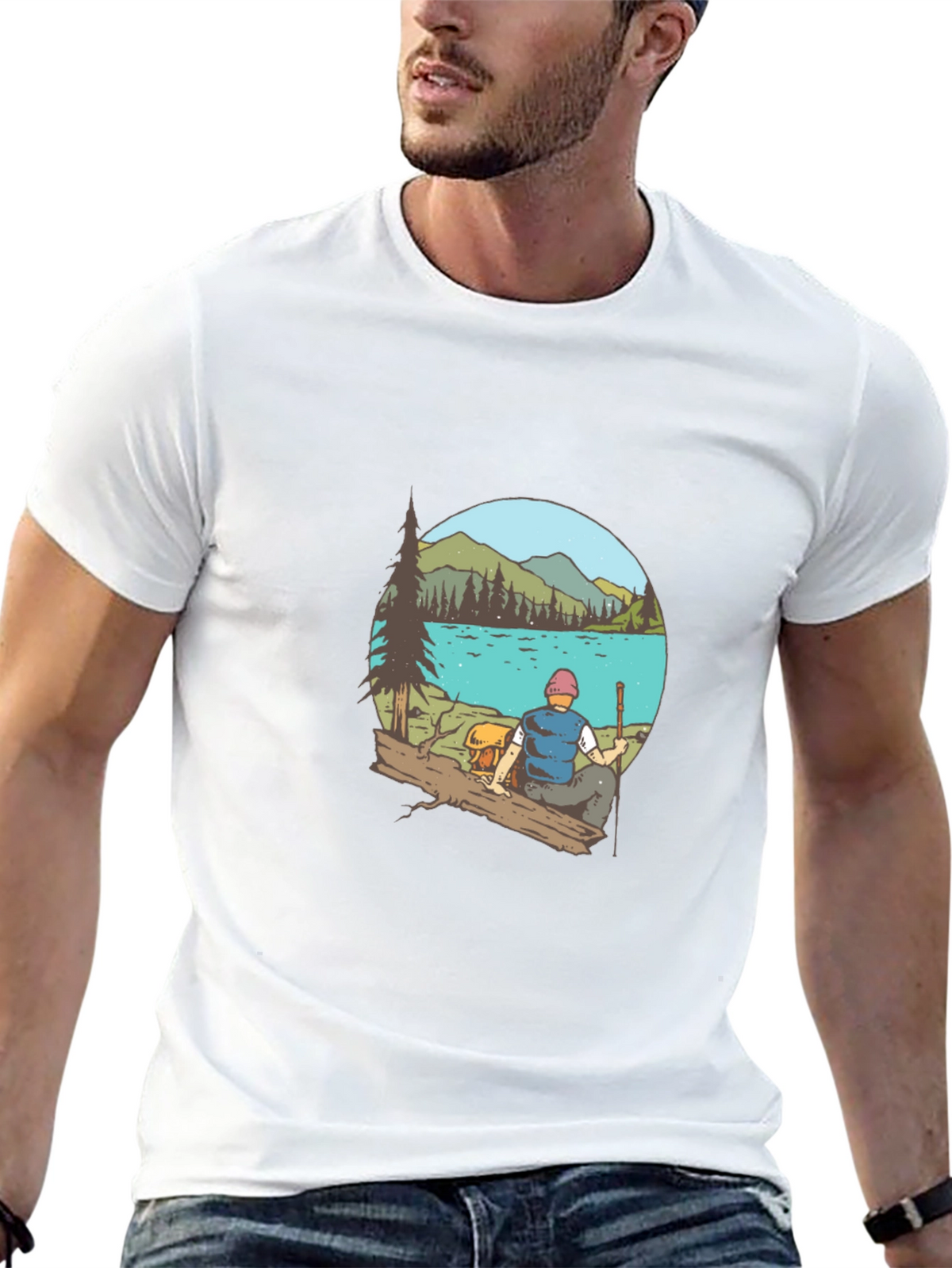 Mens Black T-Shirt with Lake Scene Print