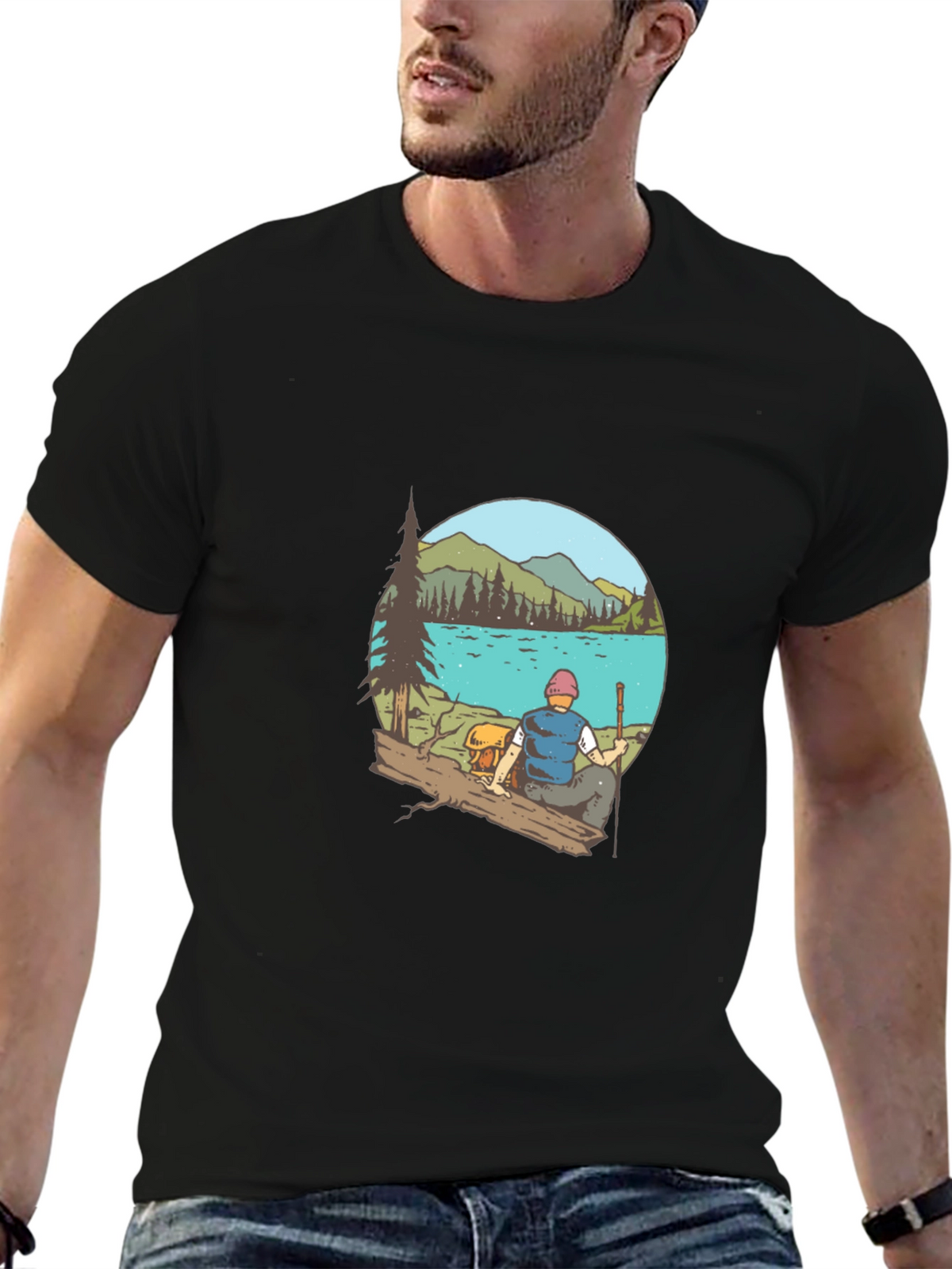 Mens Black T-Shirt with Lake Scene Print