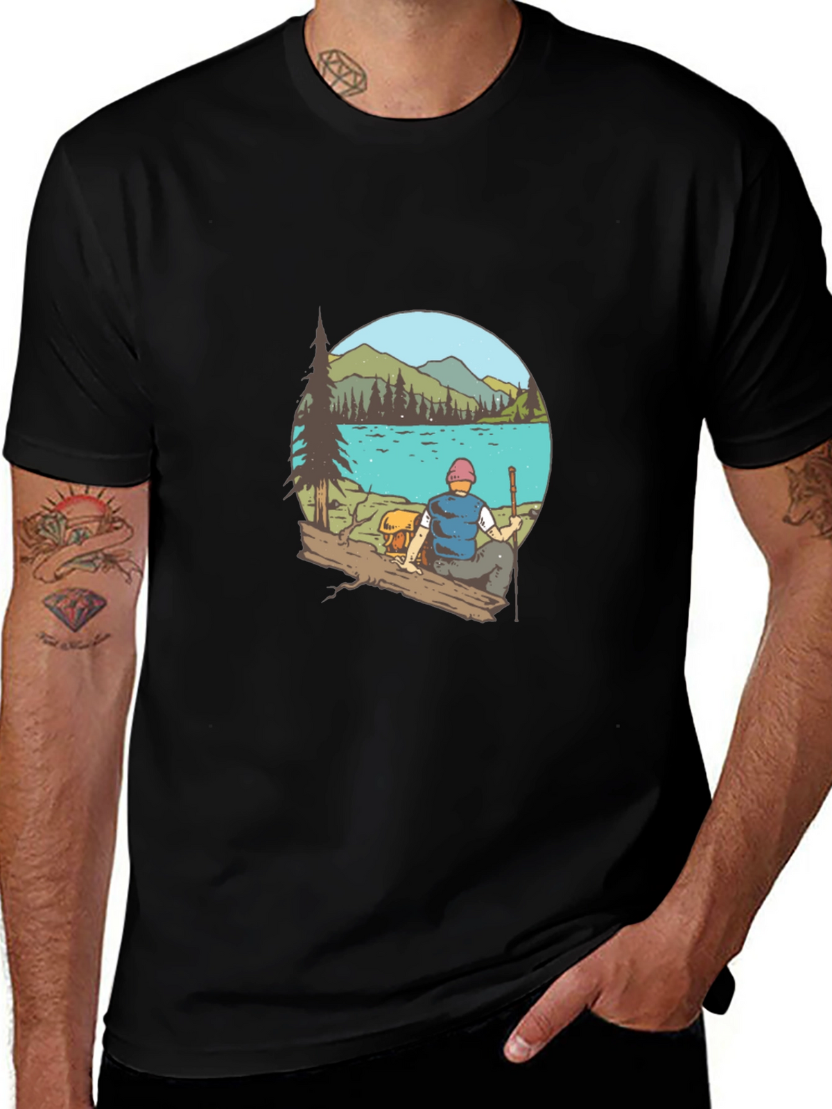Mens Black T-Shirt with Lake Scene Print