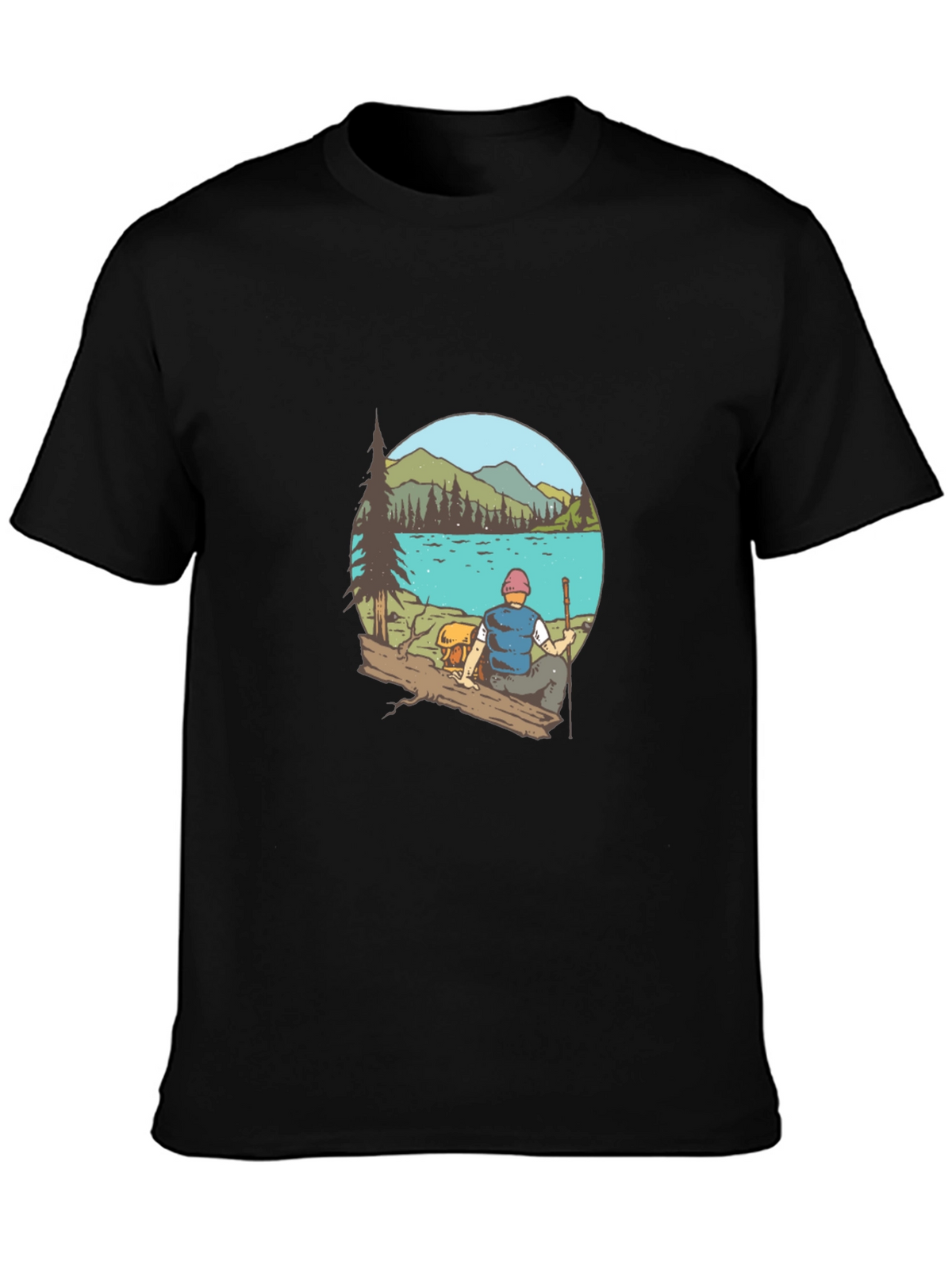 Mens Black T-Shirt with Lake Scene Print