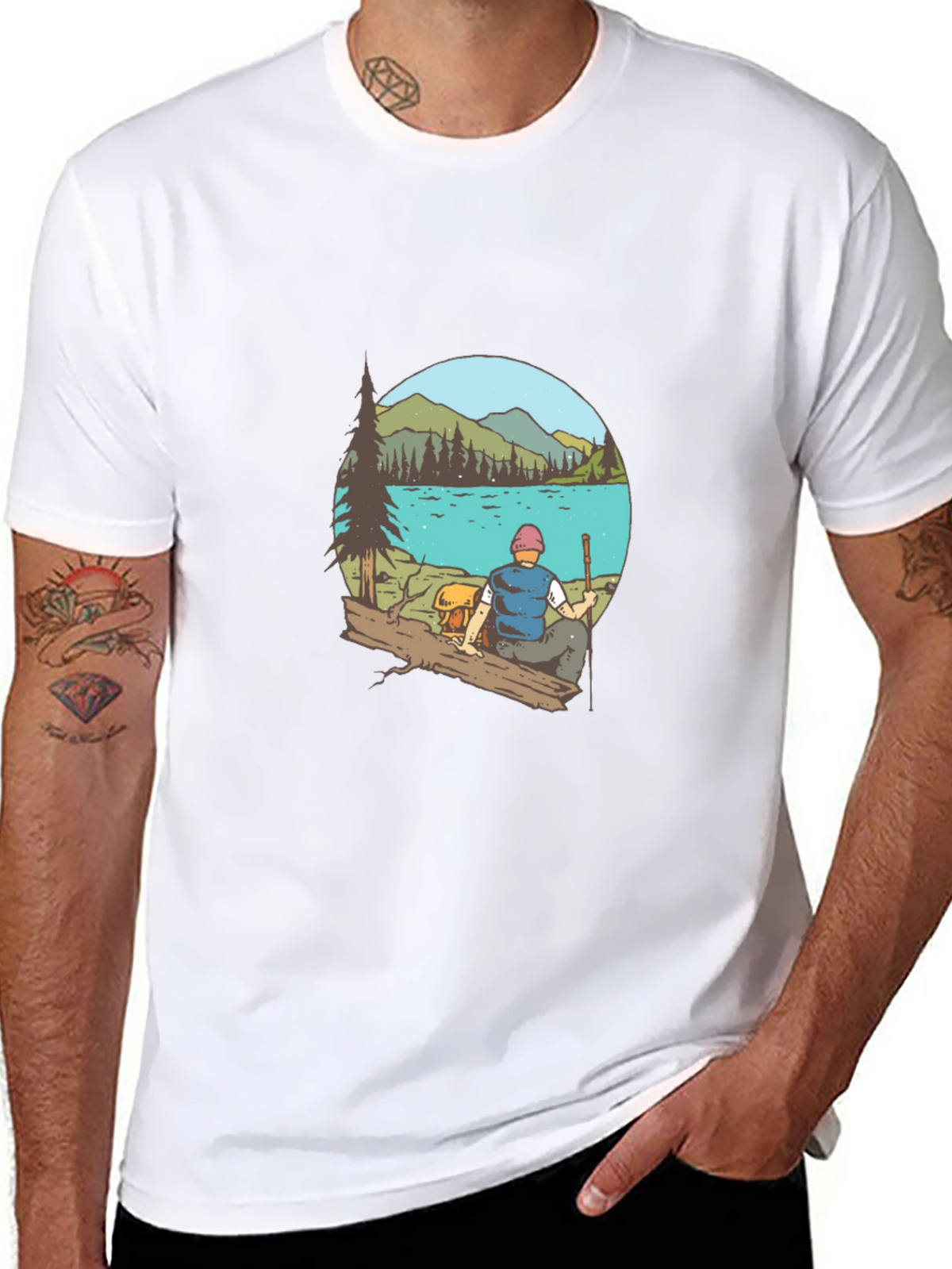 Mens Black T-Shirt with Lake Scene Print