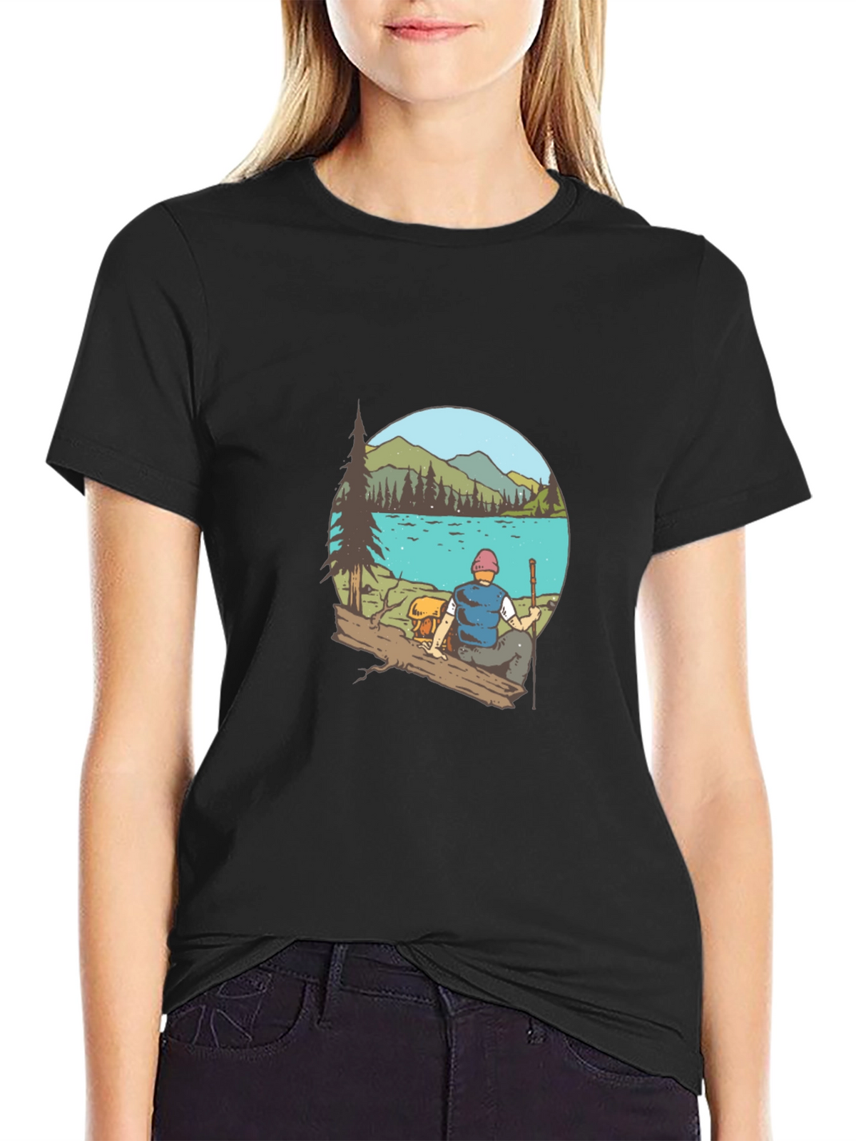 Mens Black T-Shirt with Lake Scene Print