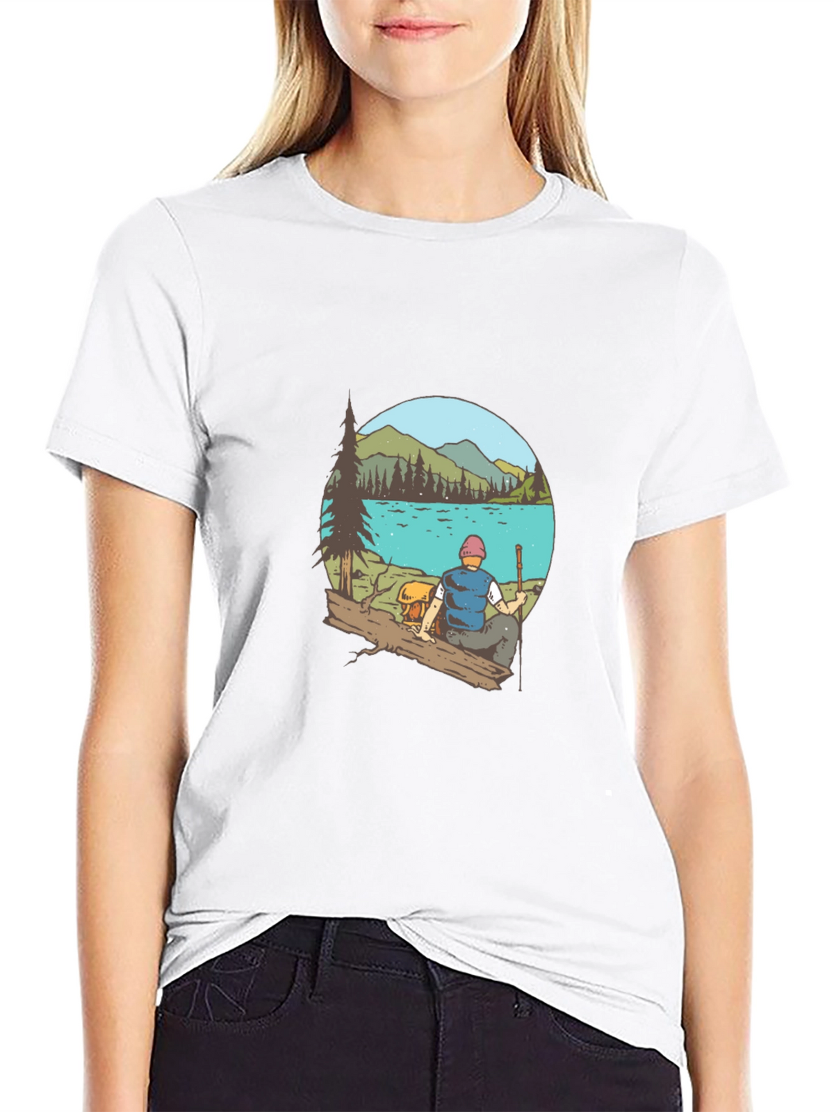 Mens Black T-Shirt with Lake Scene Print